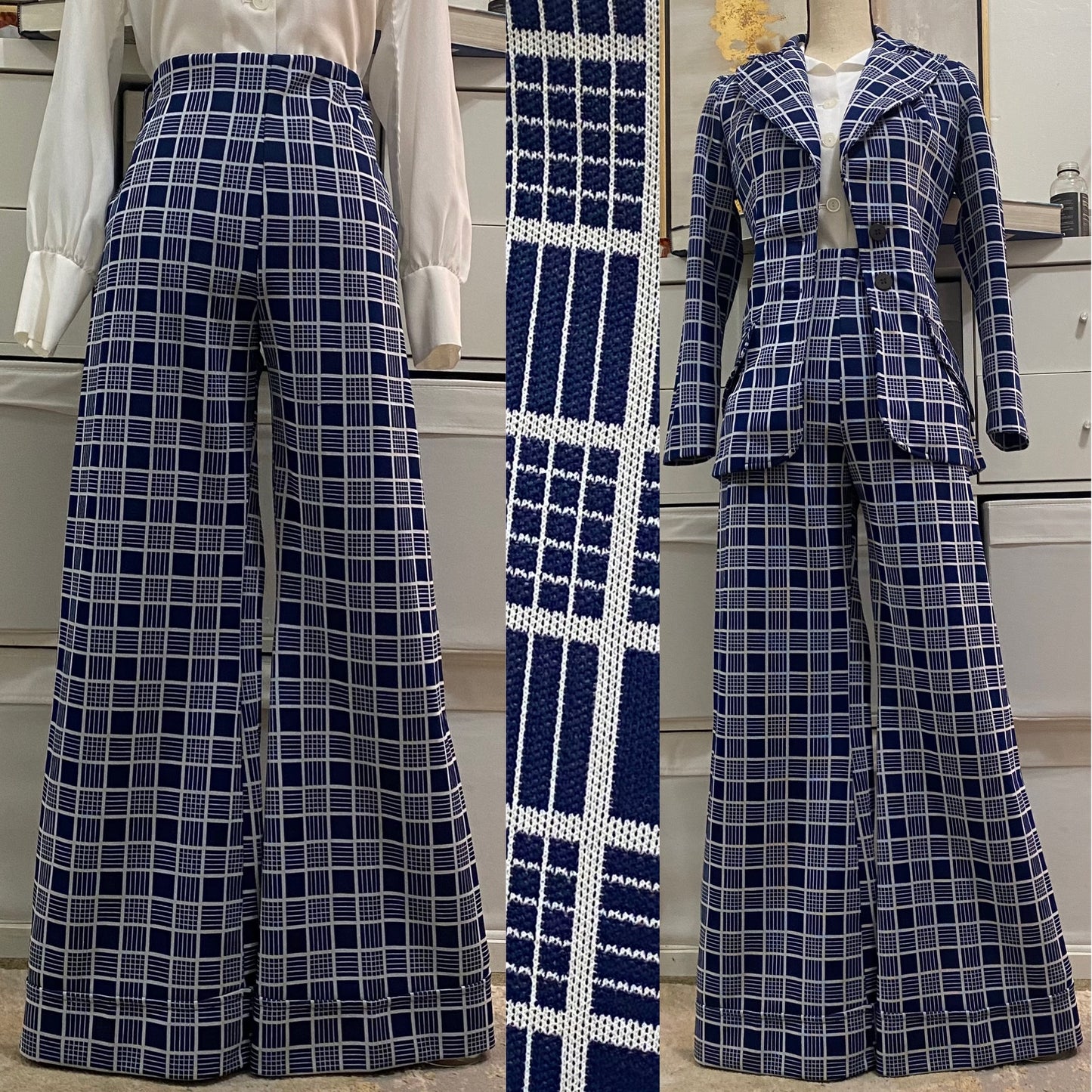 70s 2PC Check/Plaid Fitted, Wide Leg Pantsuit (S, 27"-31"W)