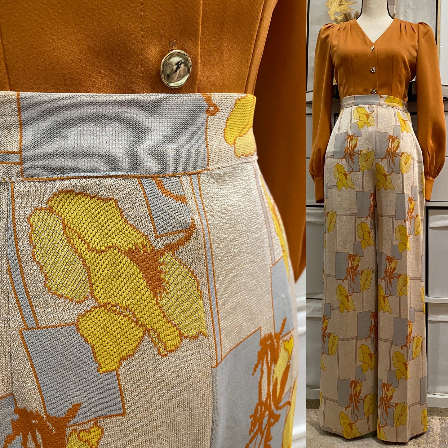 70's Peachy Sheen Floral Geometric 2PC Pantsuit (XS; 25"W)