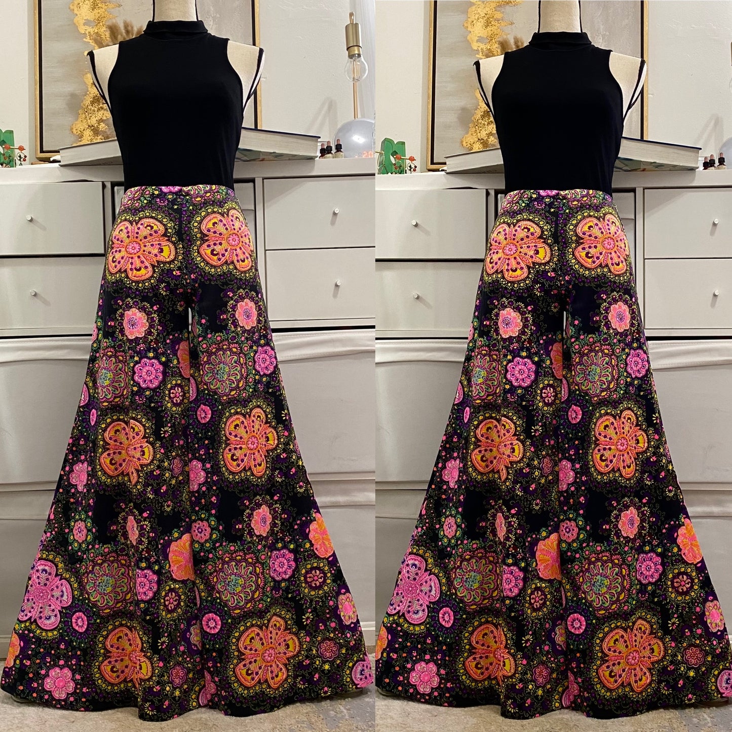 60s-70s Groovy , Psychedelic Low - Midrise Palazzo Pants (XS-M)