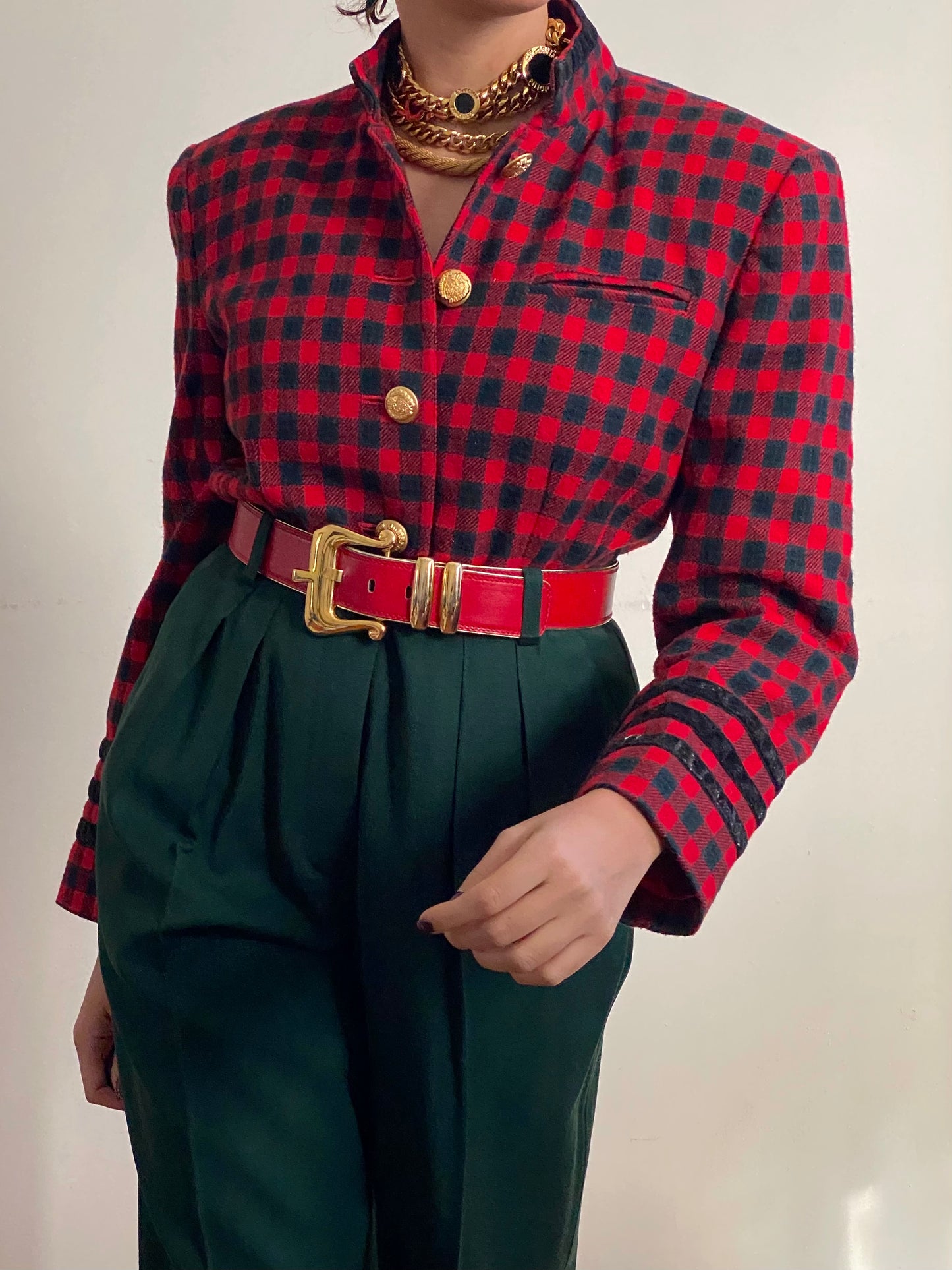 90's Buffalo Plaid Military Style Wool Blazer Jacket (S)