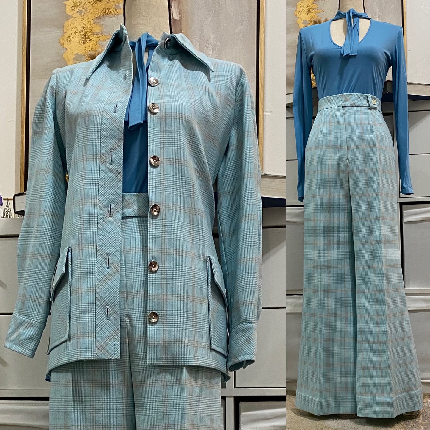 70's Blue Plaid 2Pc Bell Bottom Pantsuit (M, 29"W)