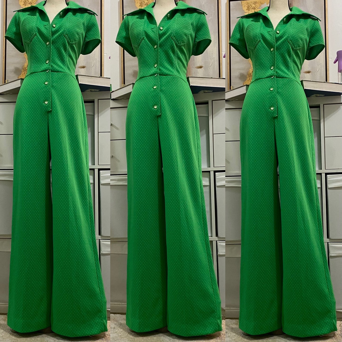 70's Swiss Dot, Short Sleeve & Wide Leg Jumpsuit (M, 28'W)