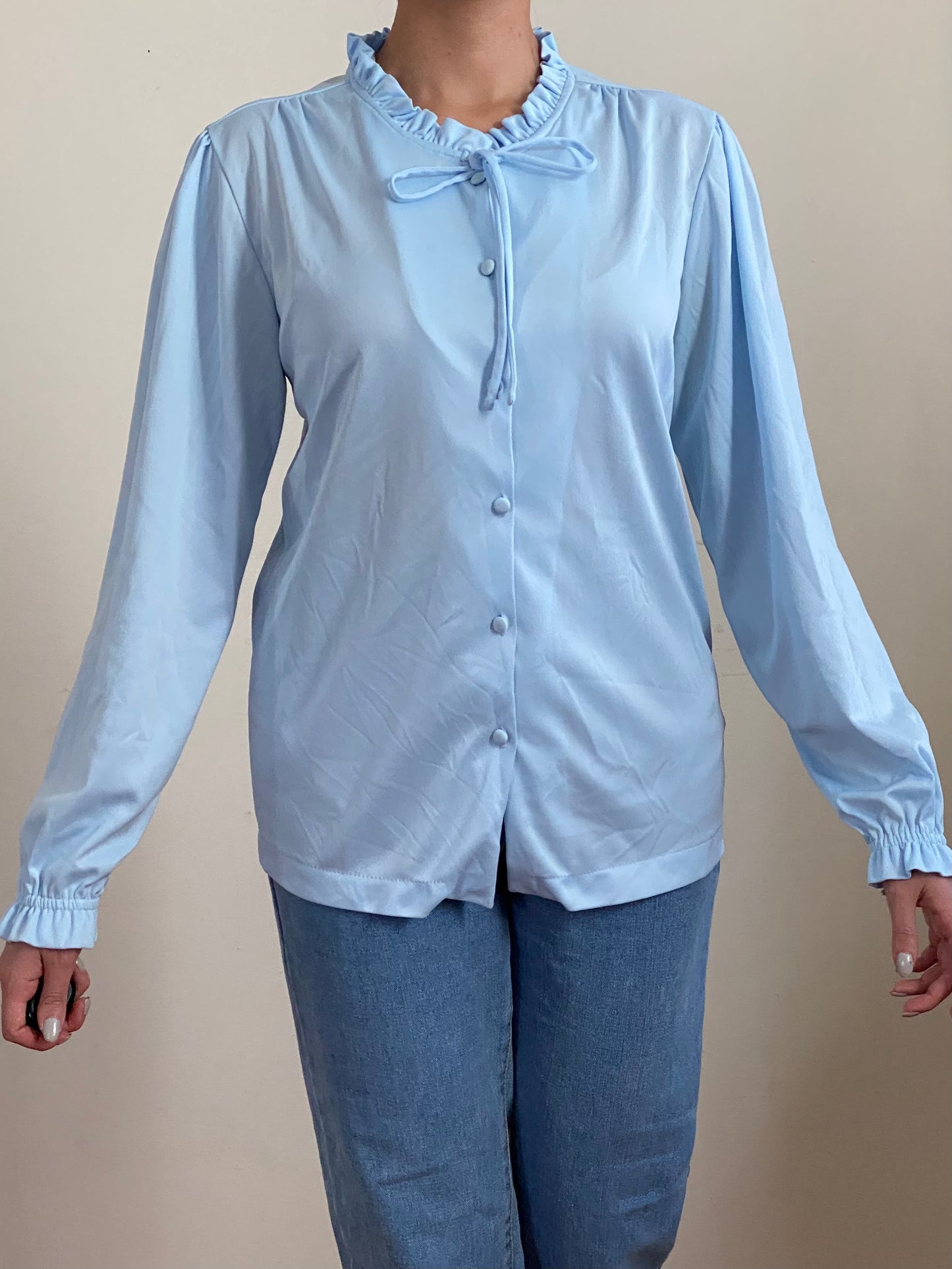 70's Ruffle Collar Long Sleeve Blouse with Bow (S-M)