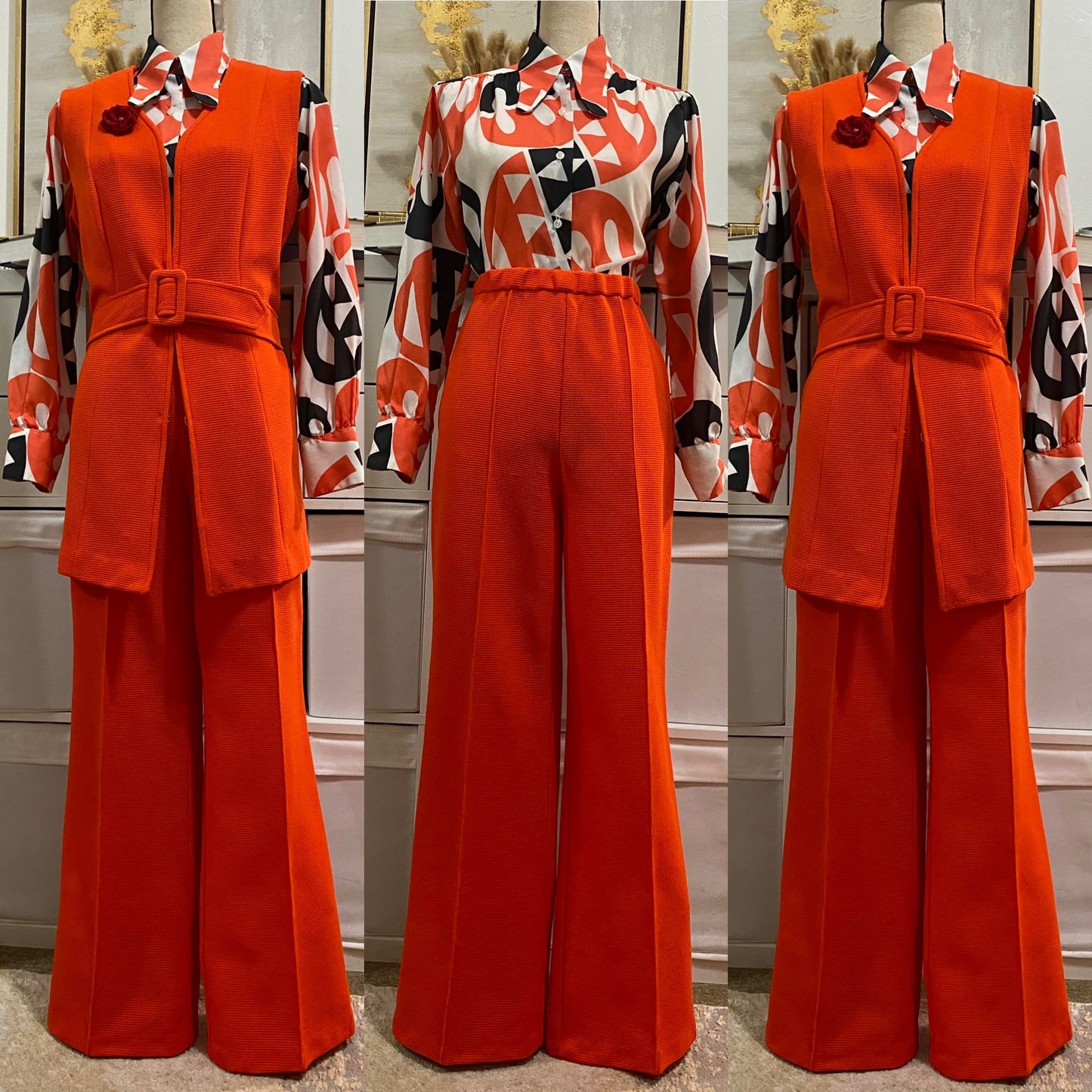 60's-70's Orange Waffle Ribbed 2Pc Vest Suit (M-L)