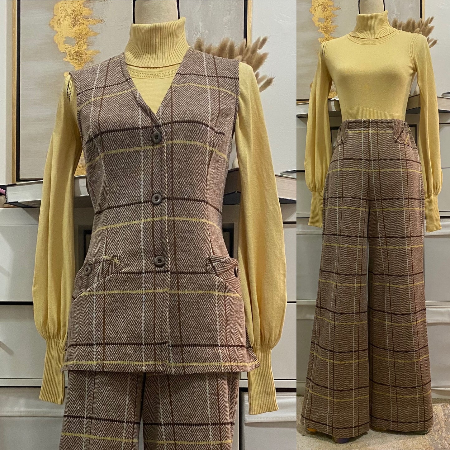 60's-70's Brown Plaid, Sleeveless Vest & Wide Leg Pantsuit (S-M)
