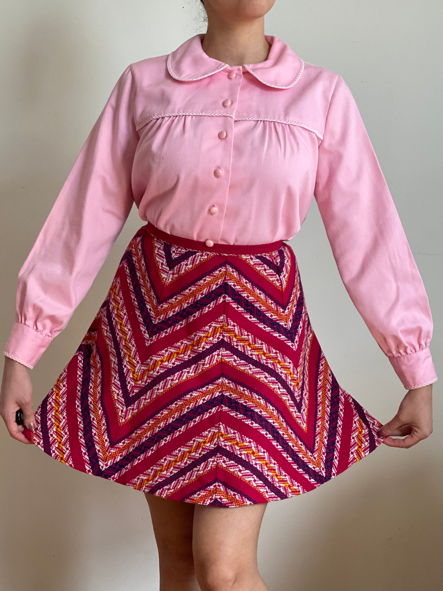 70's Bubblegum Pink Peter Pan Collar Puffy Sleeve Blouse (S-M)