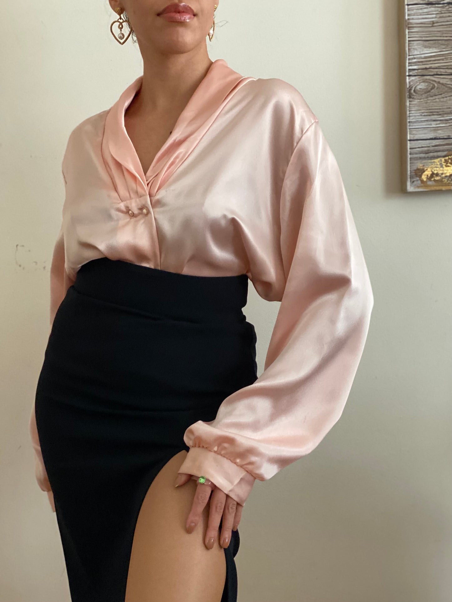 Liquid Satin Shawl Collar with Pearl Buttons Long sleeve blouse