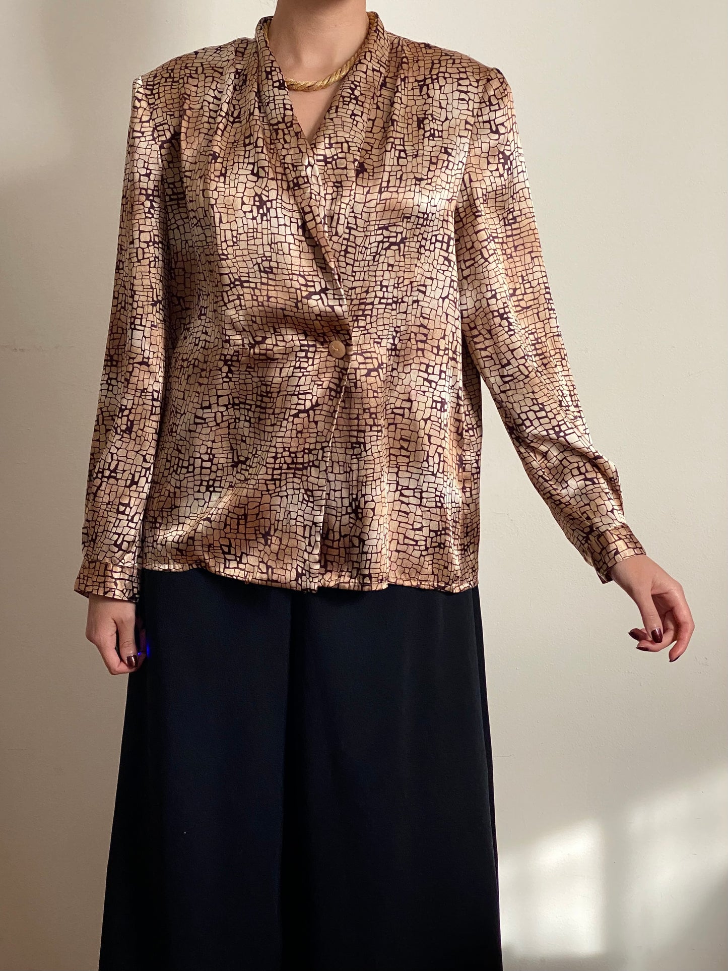80's Golden Brown Abstract Draped Blouse (M)