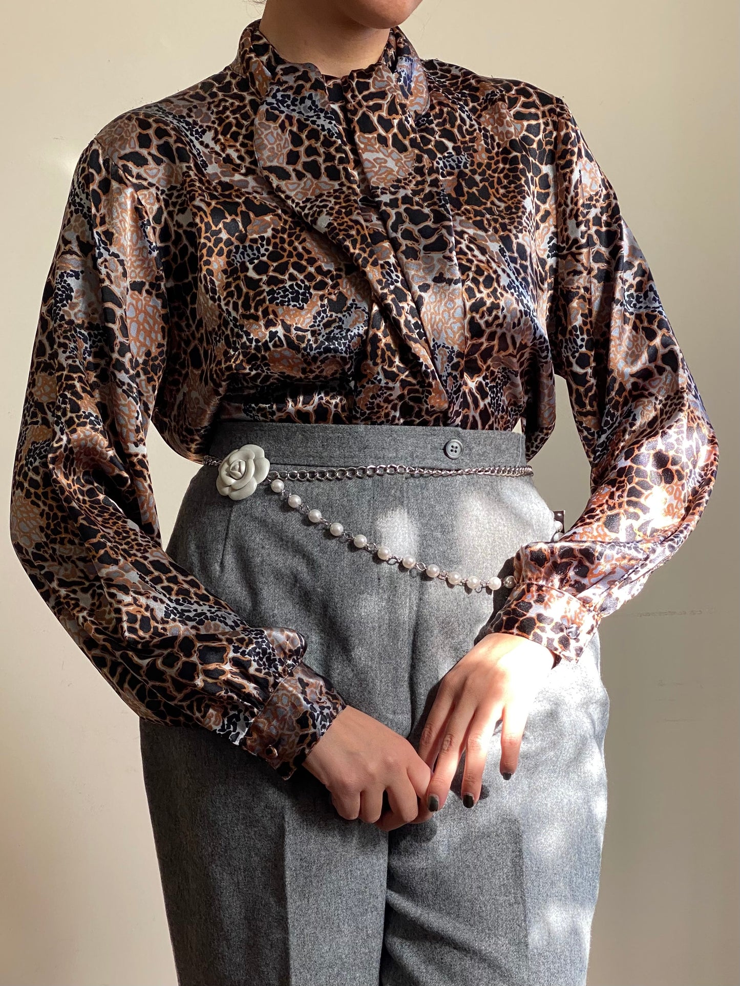 80's Animal Print Mock Neck Long Sleeve Blouse (M)