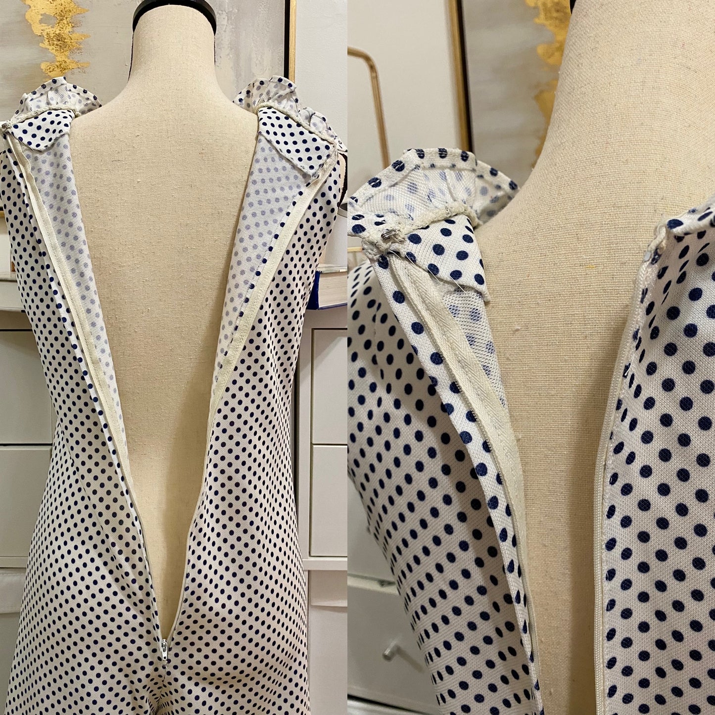 70's Blue Polka Dot Insane Bell Bottom Ruffle Jumpsuit (M-L)
