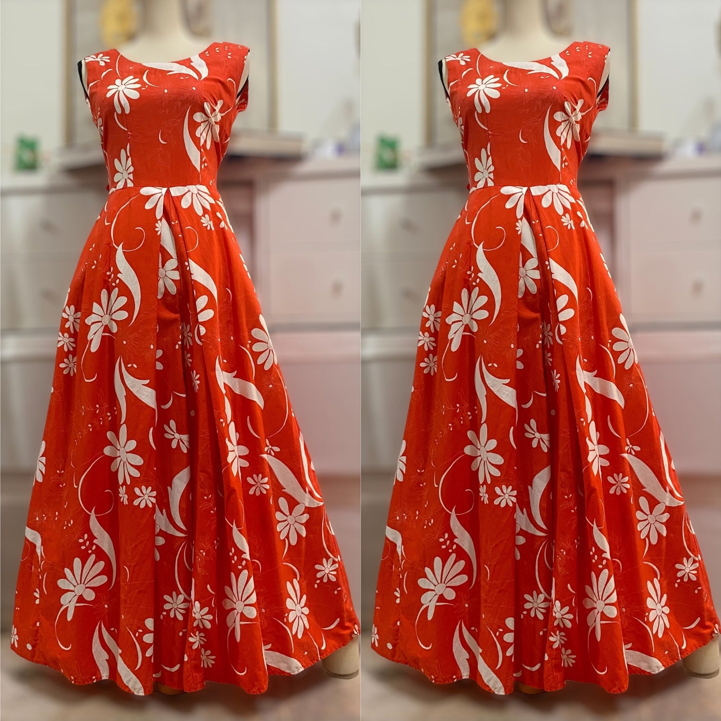 60s-70s Coral Floral Palazzo Jumpsuit (S, 26"-27"W)