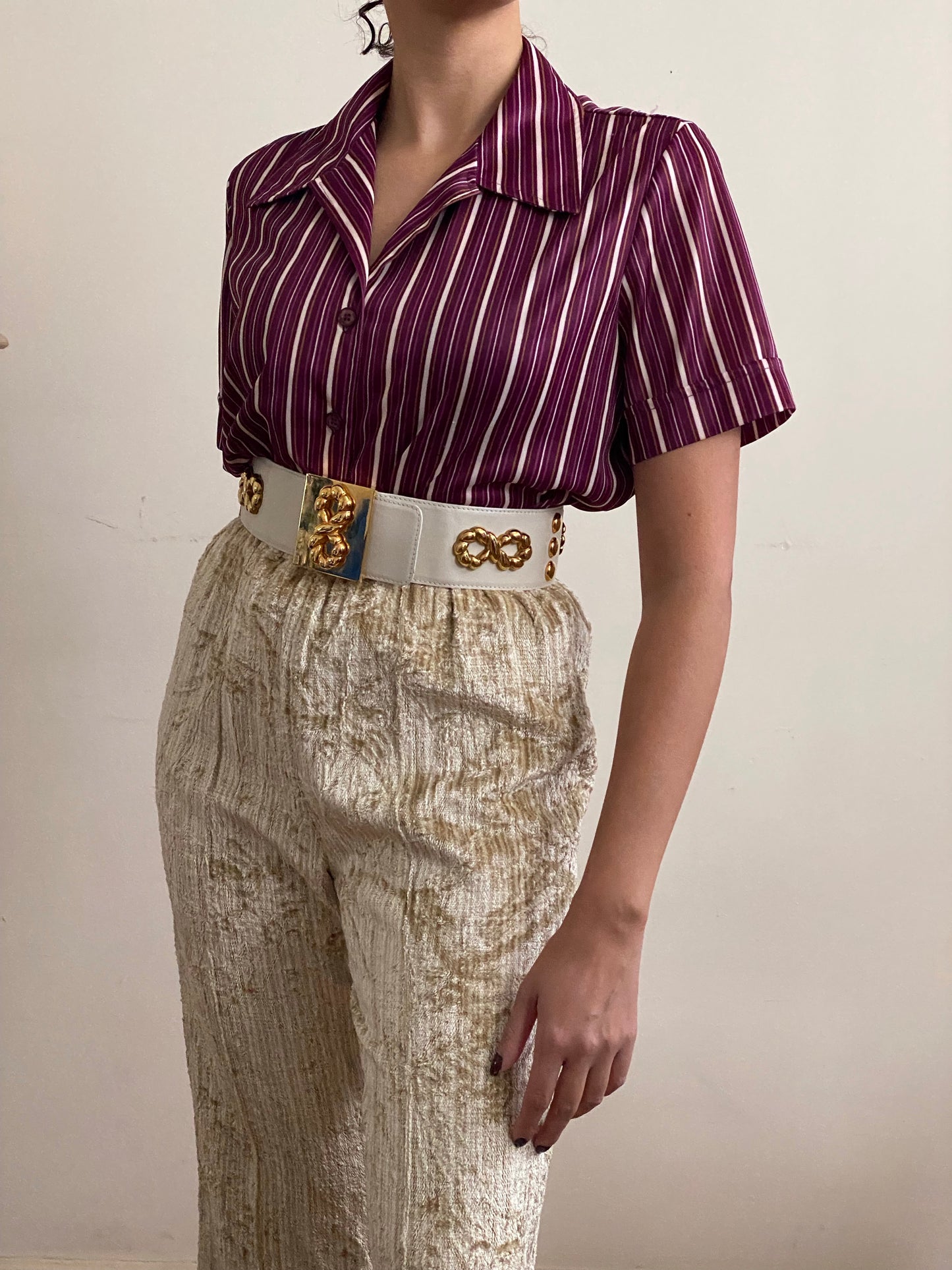 70's Striped Short Sleeve Button Up Top (M)