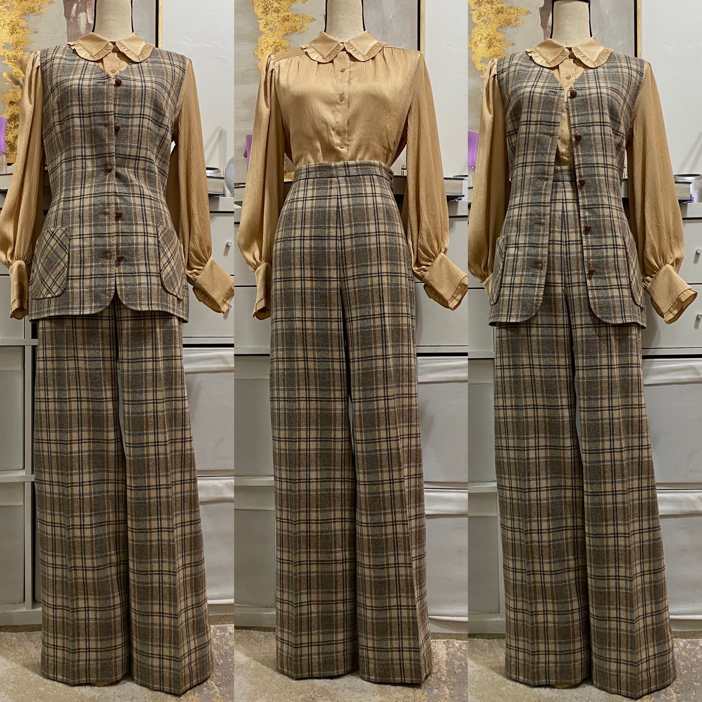 70's-80's Neutral Plaid 2PC Vest Pantsuit (M-L, 30"W)