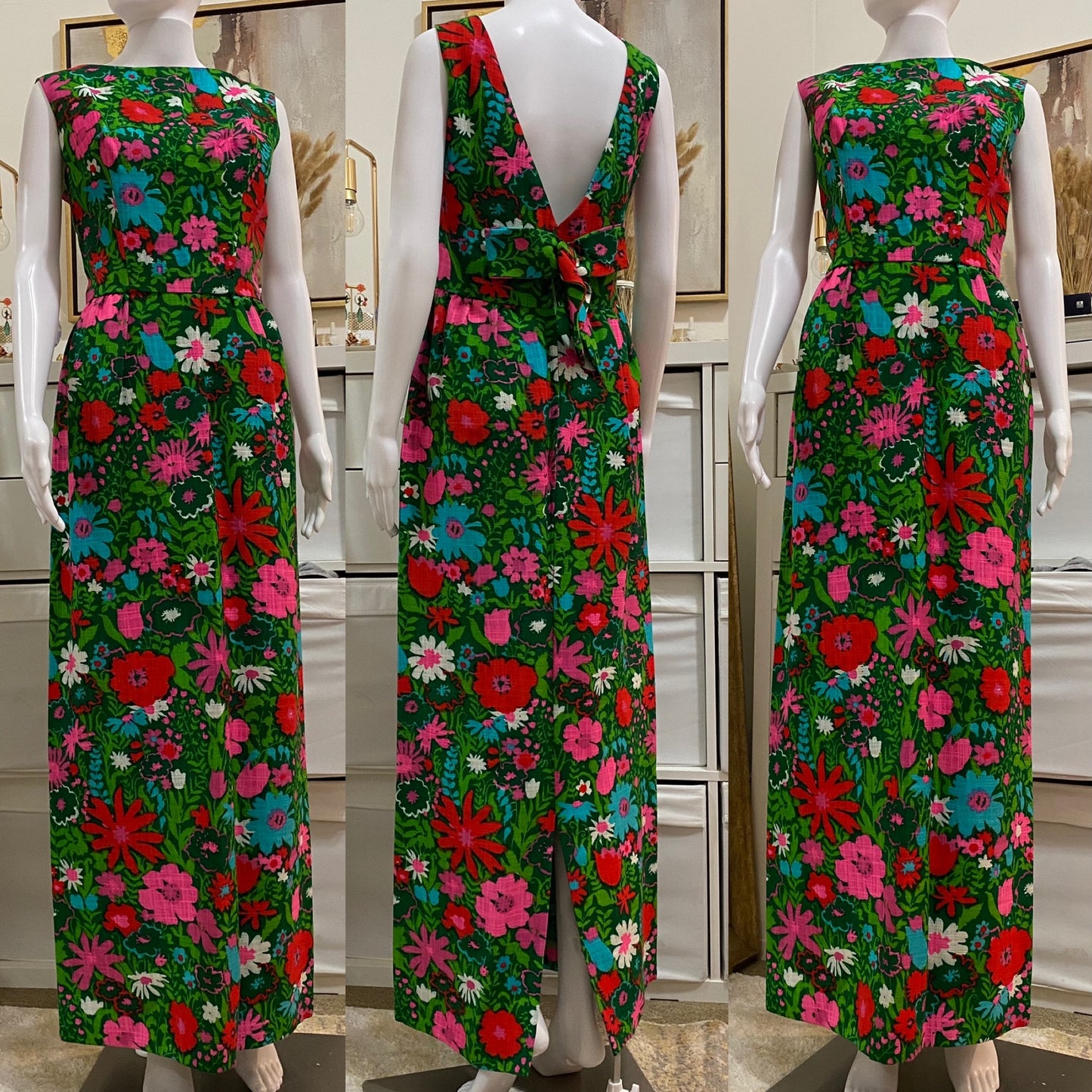 60’s-70’s Floral Maxi Dress with Plunging Back (M)
