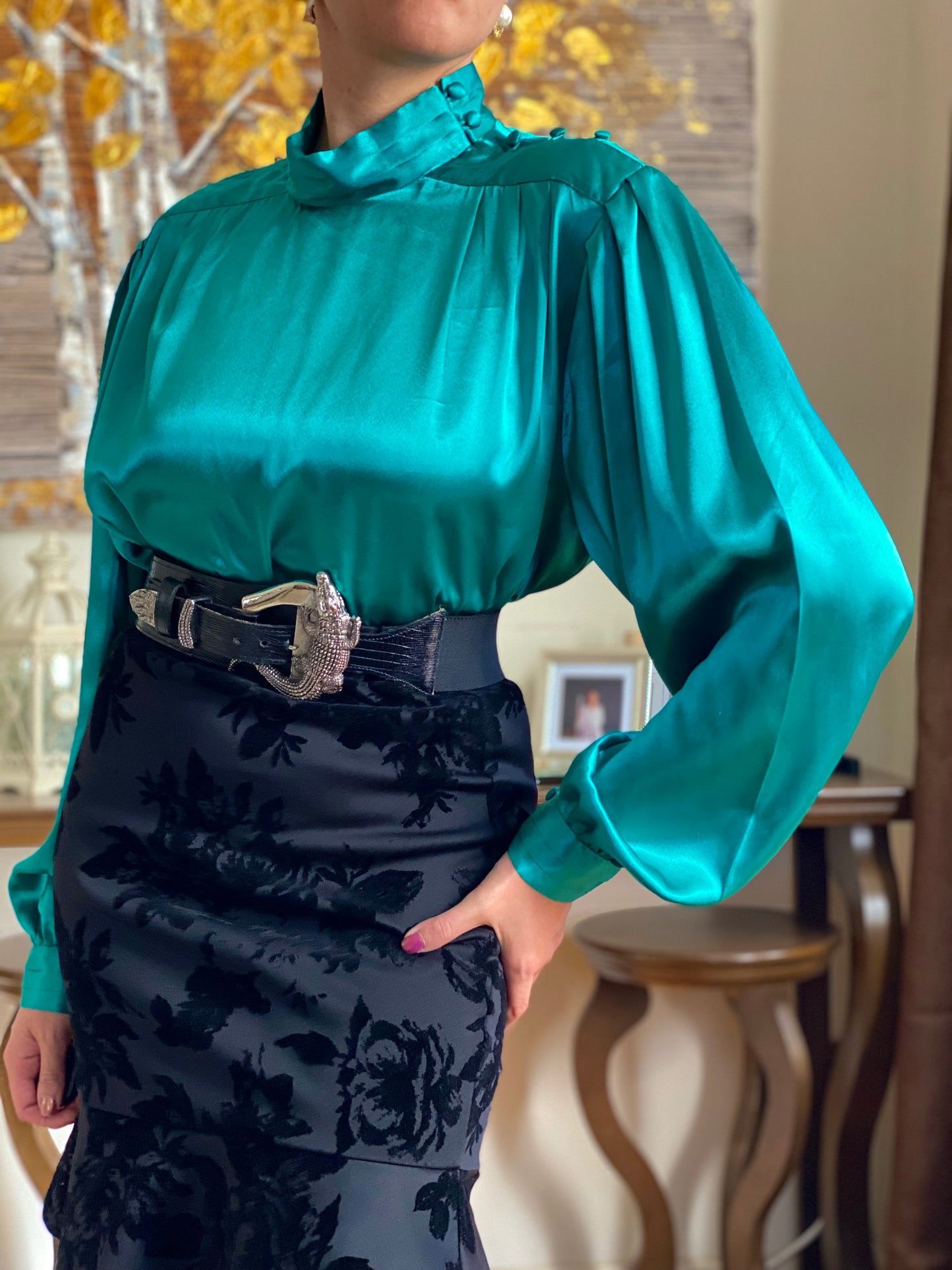 80's Green Satin Mock Neck Long Sleeve Blouse (12)