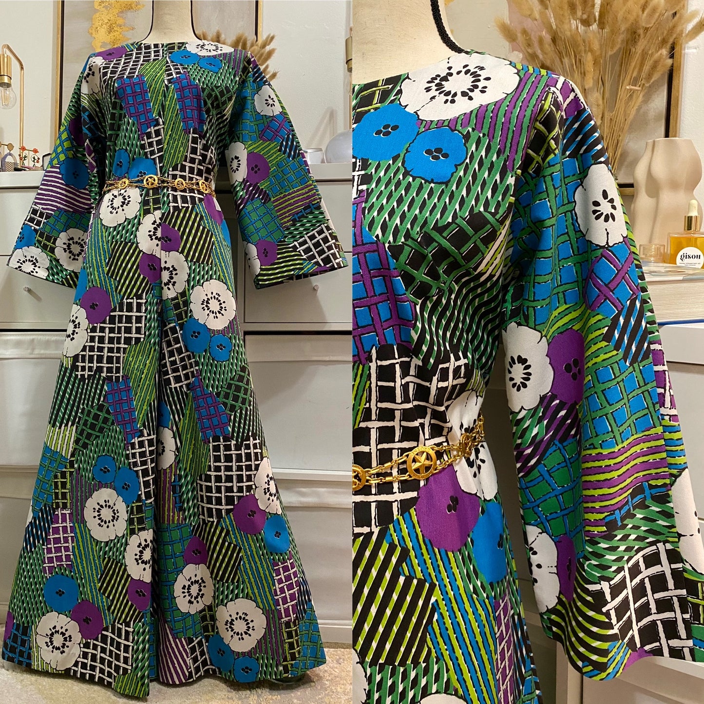 60s 70s Abstract OP ART Palazzo Cotton Jumpsuit (L)