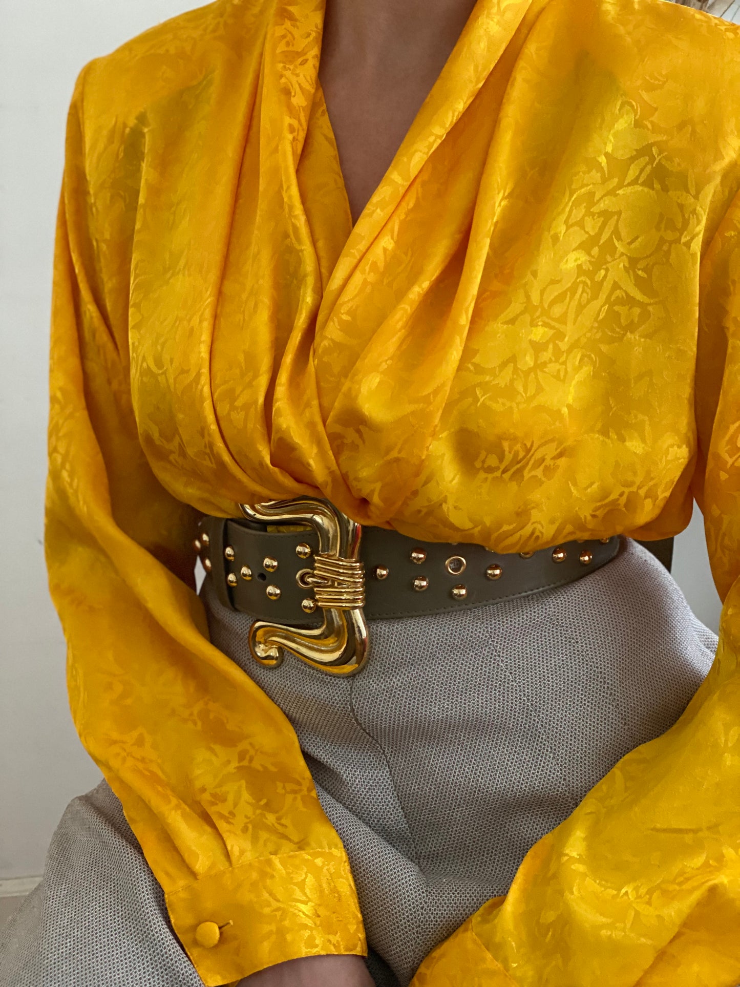 Liquid Satin Gold Draped/Shawl Collar Blouse