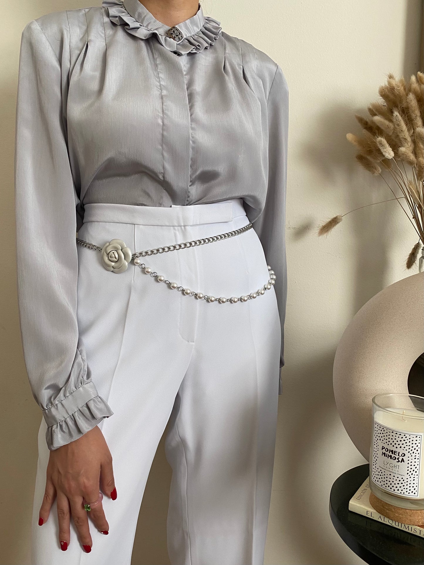 Ruffle neckline pleated long sleeve blouse