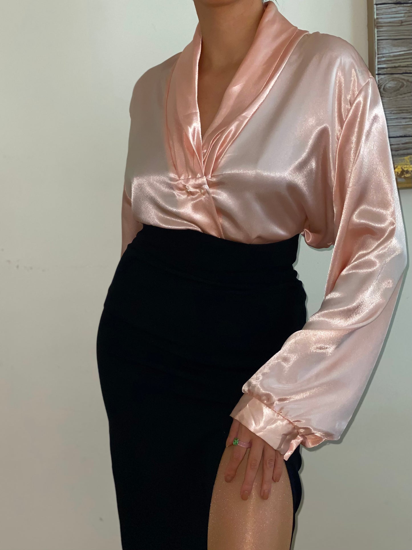 Liquid Satin Shawl Collar with Pearl Buttons Long sleeve blouse
