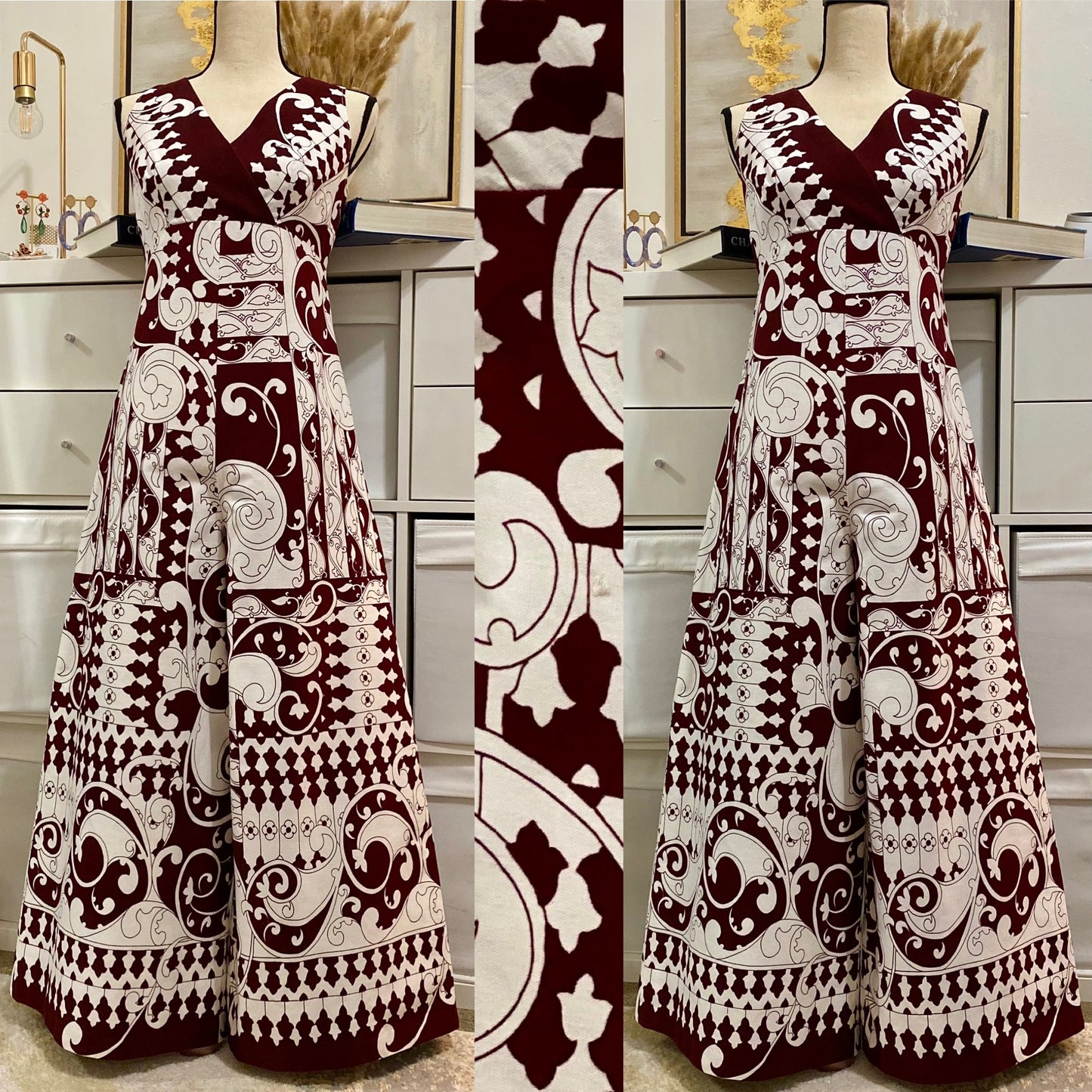 60’s-70s Psychedelic Maroon Bell Bottom Cotton Jumpsuit (M-L)