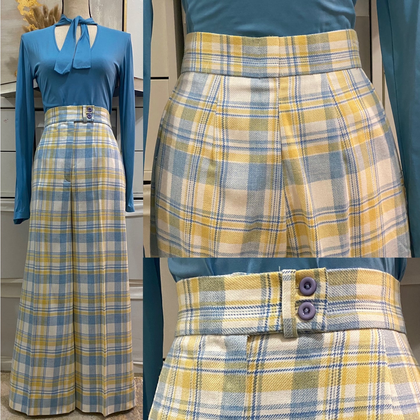 70's Plaid, High Rise, Wide Leg Pants (M,28"W)