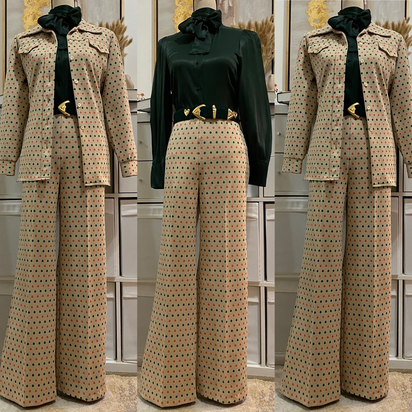 70's Polka Dot Tan 2pc Pantsuit (M-L)