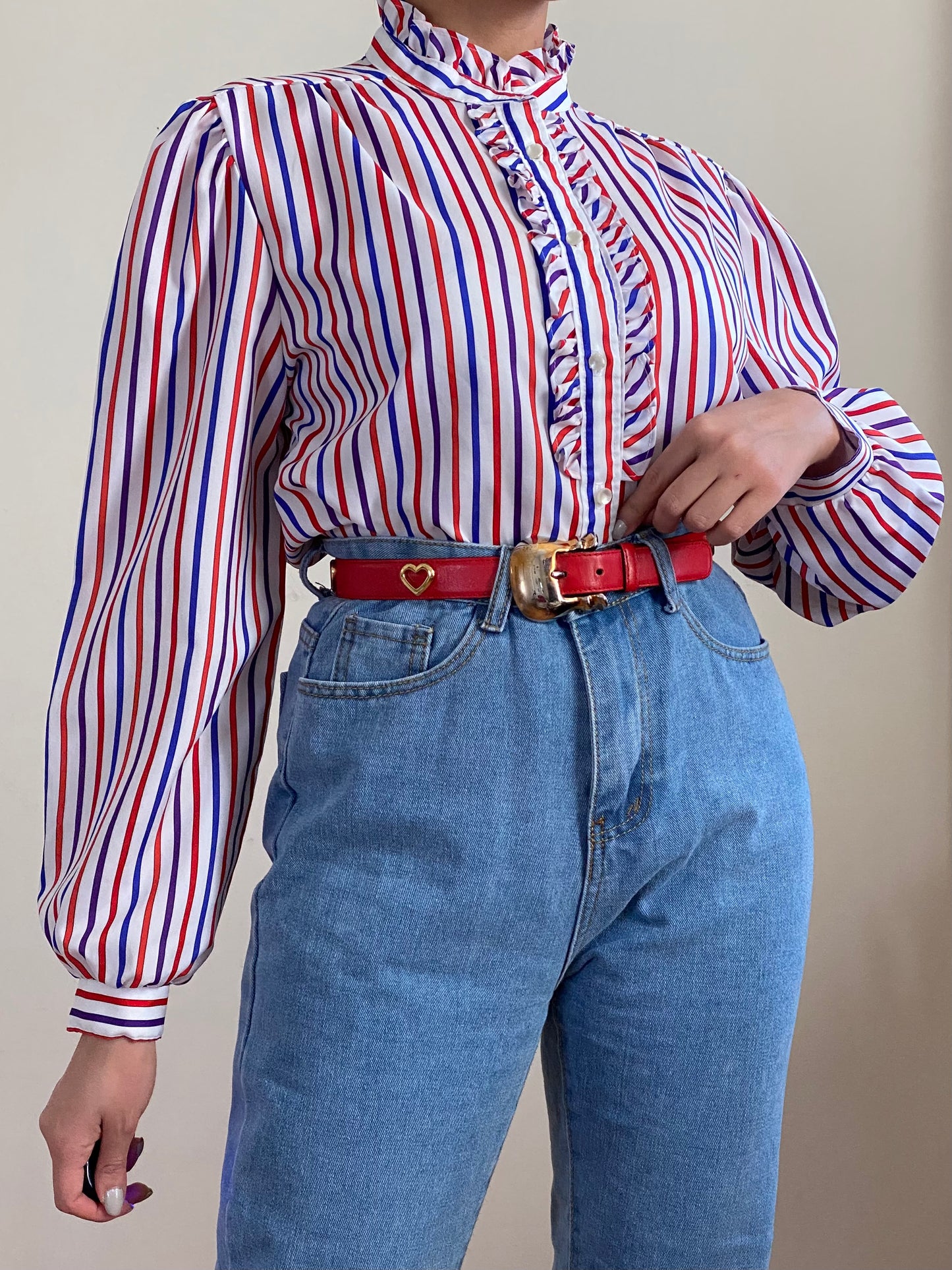 70's Striped Ruffle Long Puffy Sleeve Top (S-M)