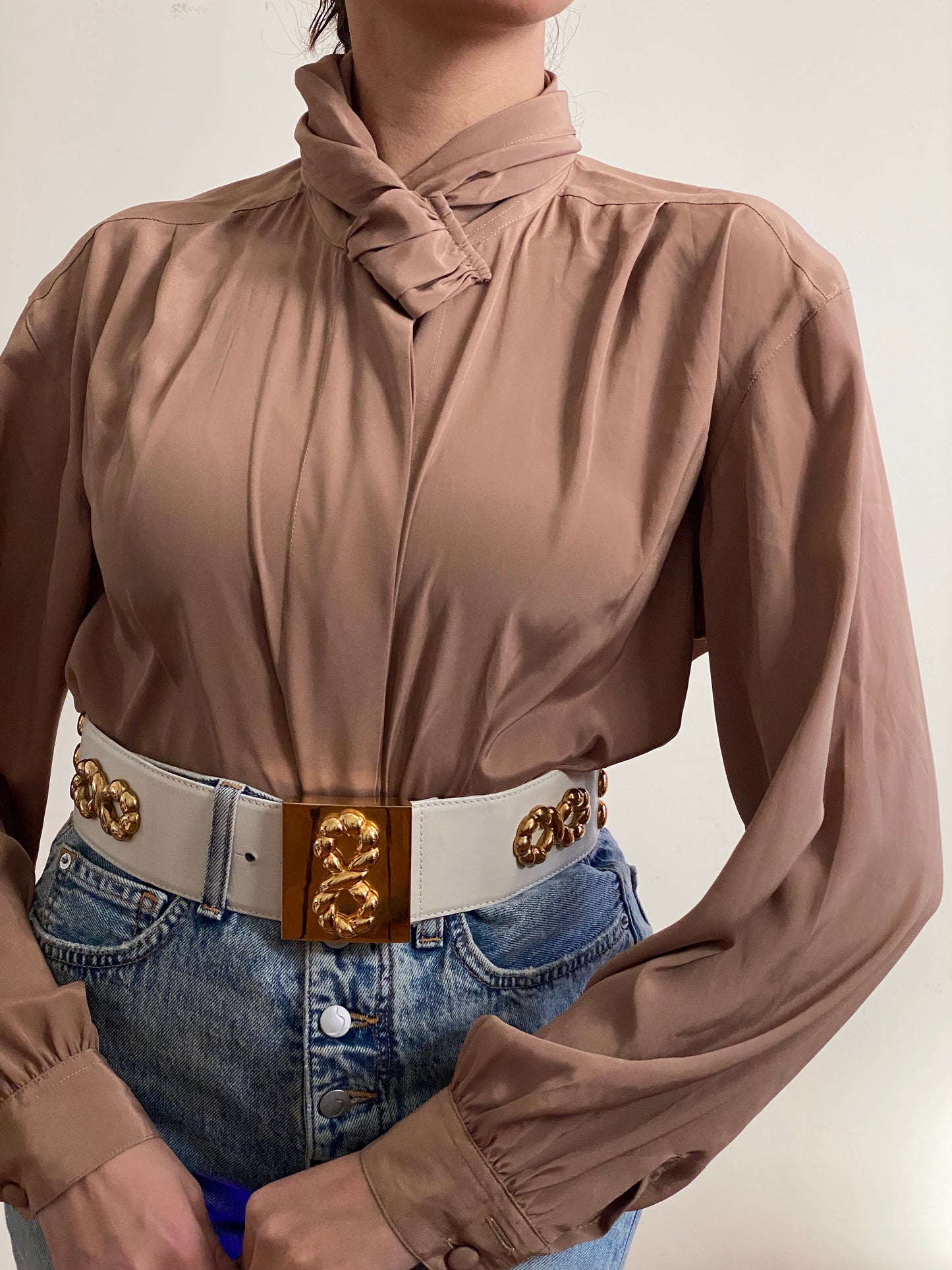 90's Mock Jabot Collar Long Sleeve Blouse (M)