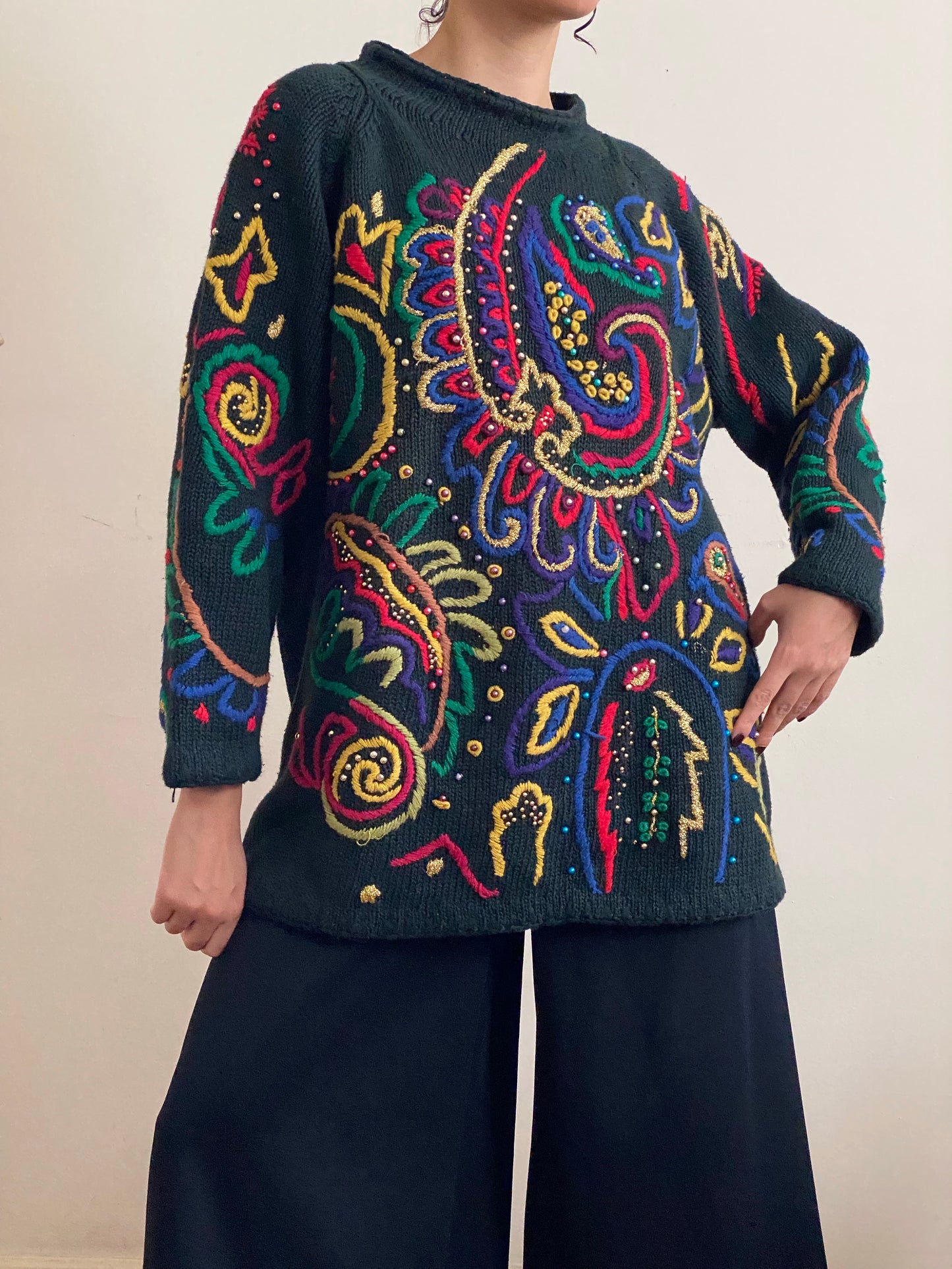 80's Ramie & Cotton Multicolored Embroidered Knit Sweater (OS)