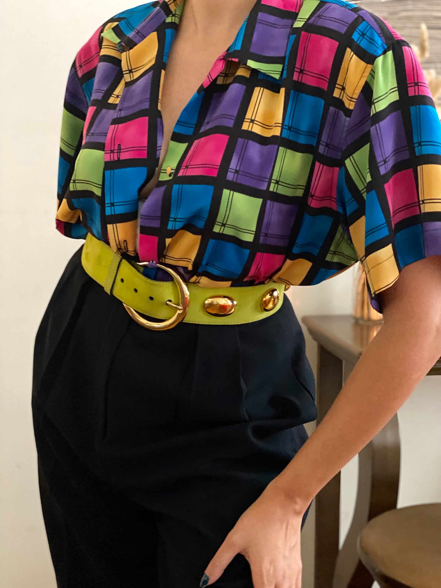 Neon Square Design Button Up Blouse