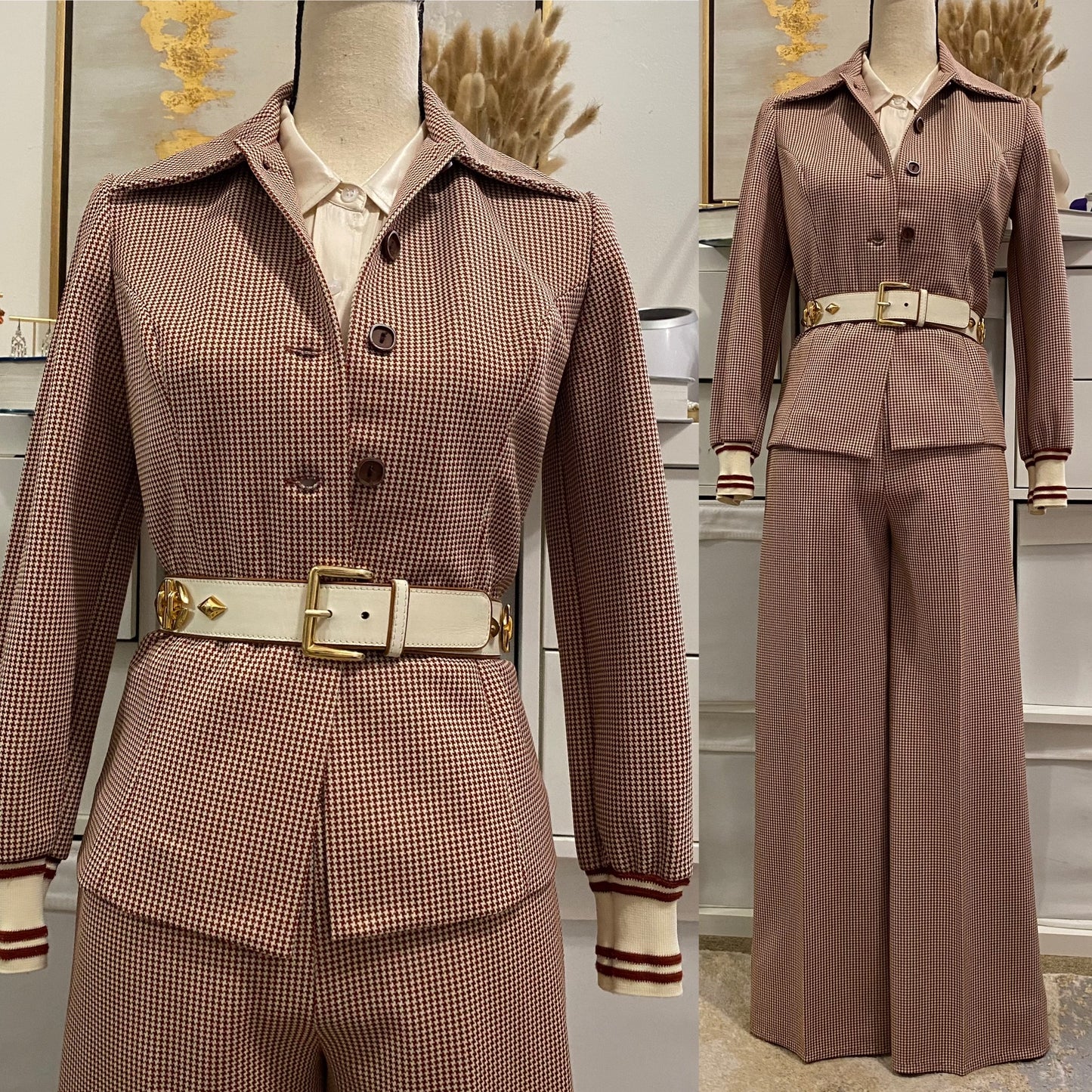 60's-70's Brown Hounds tooth Wide Leg Pantsuit (S, 27"W)
