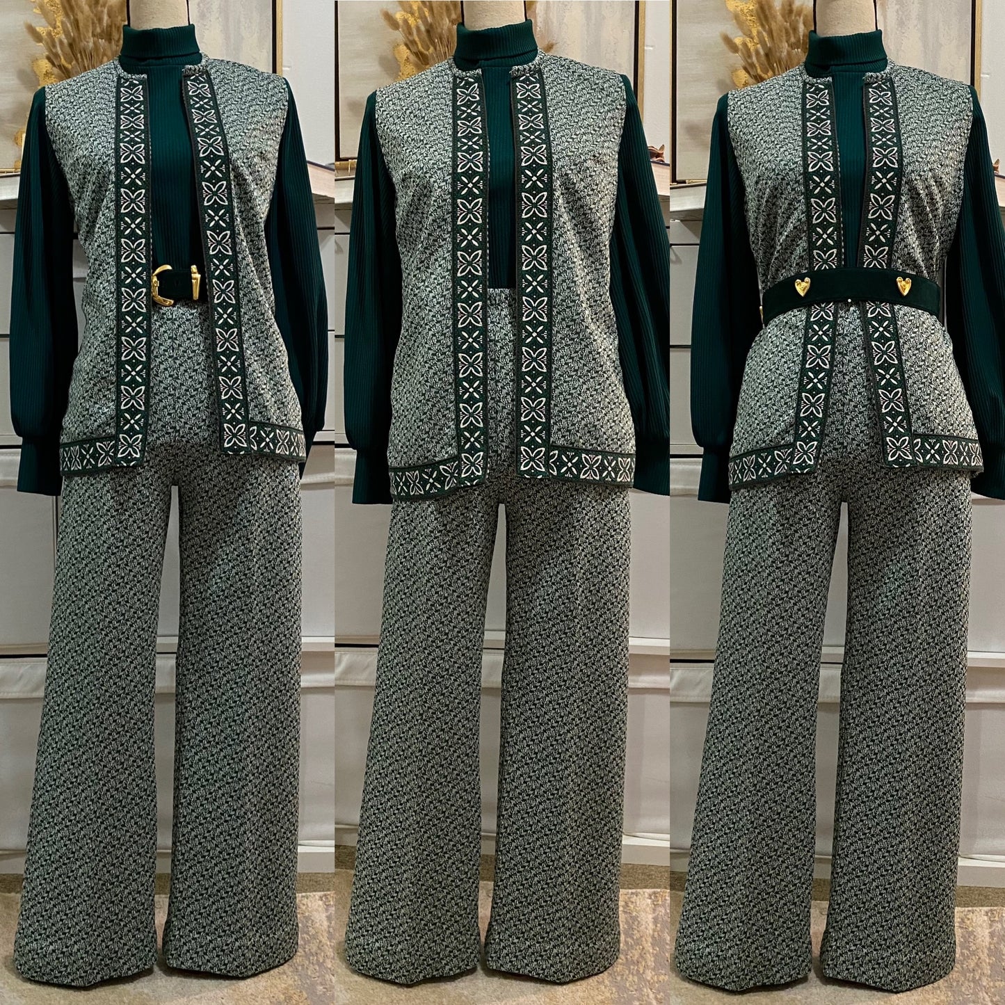 70's Green Floral Abstract Sleeveless Vest Pantsuit (S-M) Petite