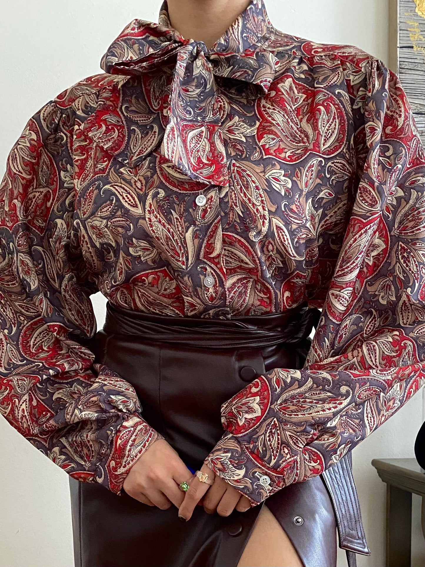 Paisley abstract bow collar oversized long sleeve blouse
