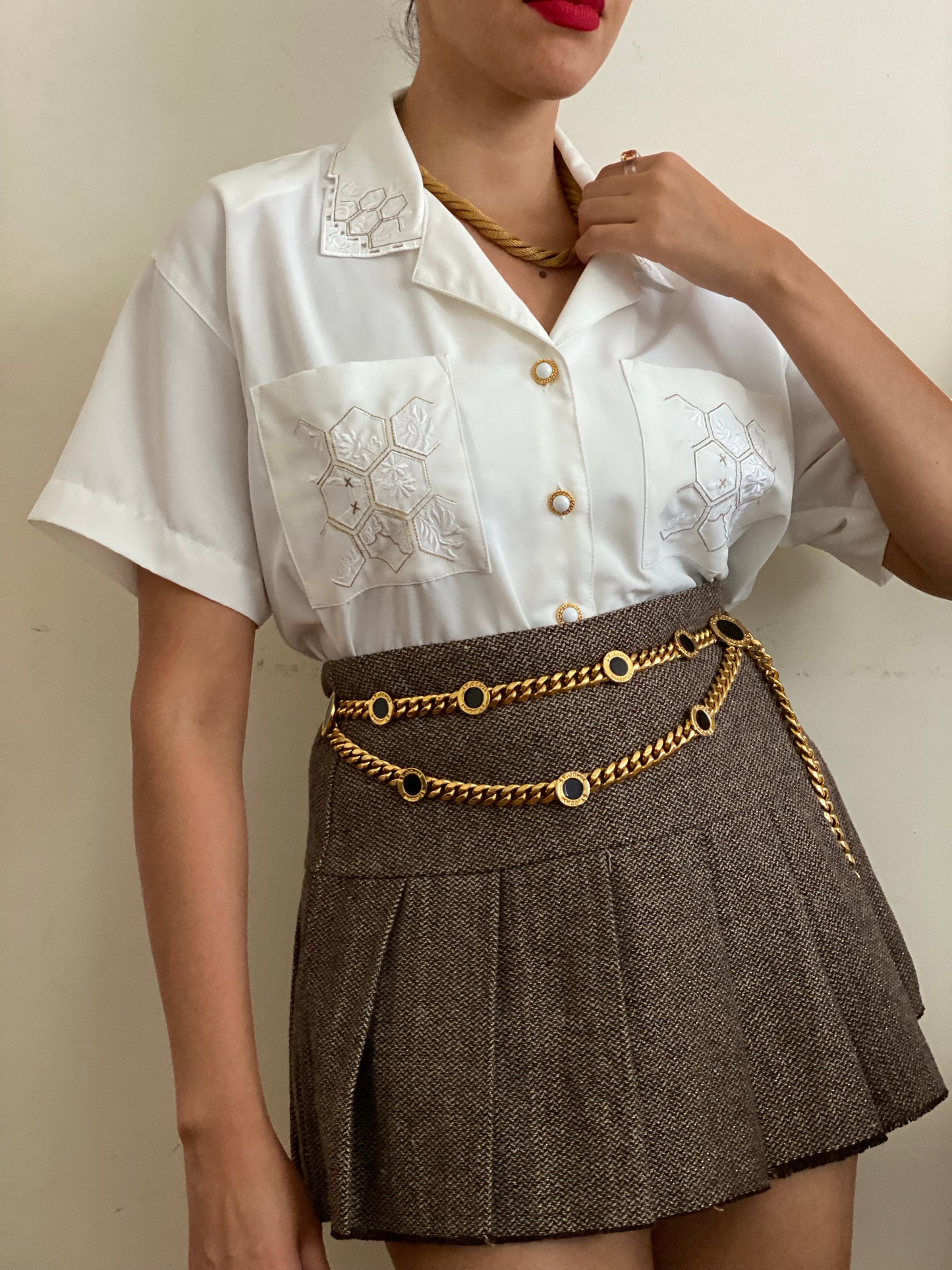 Floral Decorative White & Gold Button Down Blouse