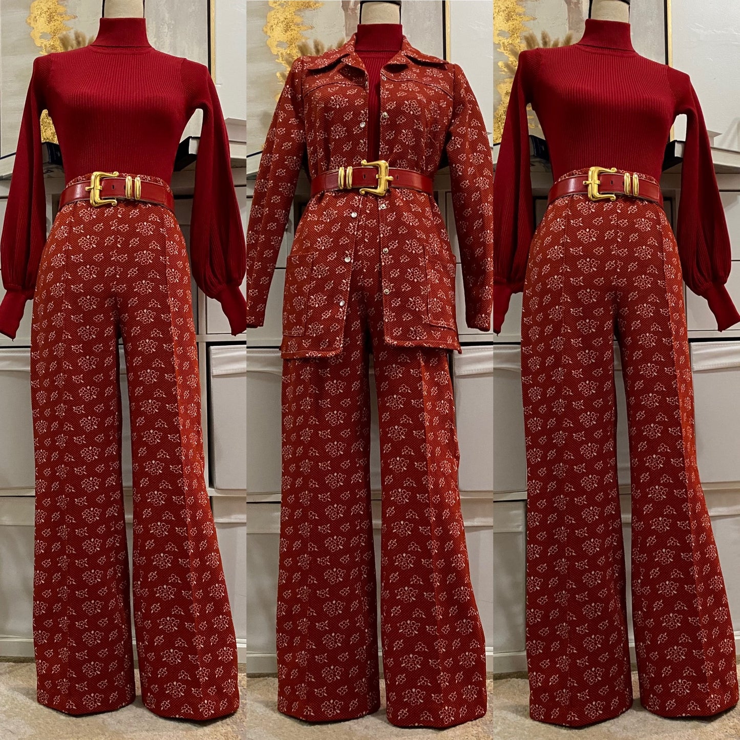 60s-70s Floral 2pc, Double Knit Leisure/Pantsuit (S-M, 25"-31"W)