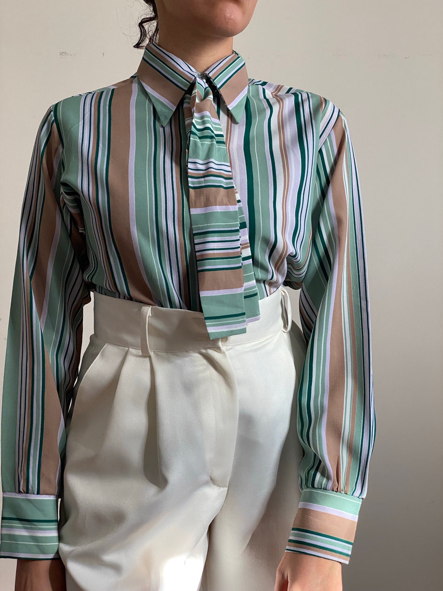 70's Striped Long Sleeve Button Up Blouse (M)