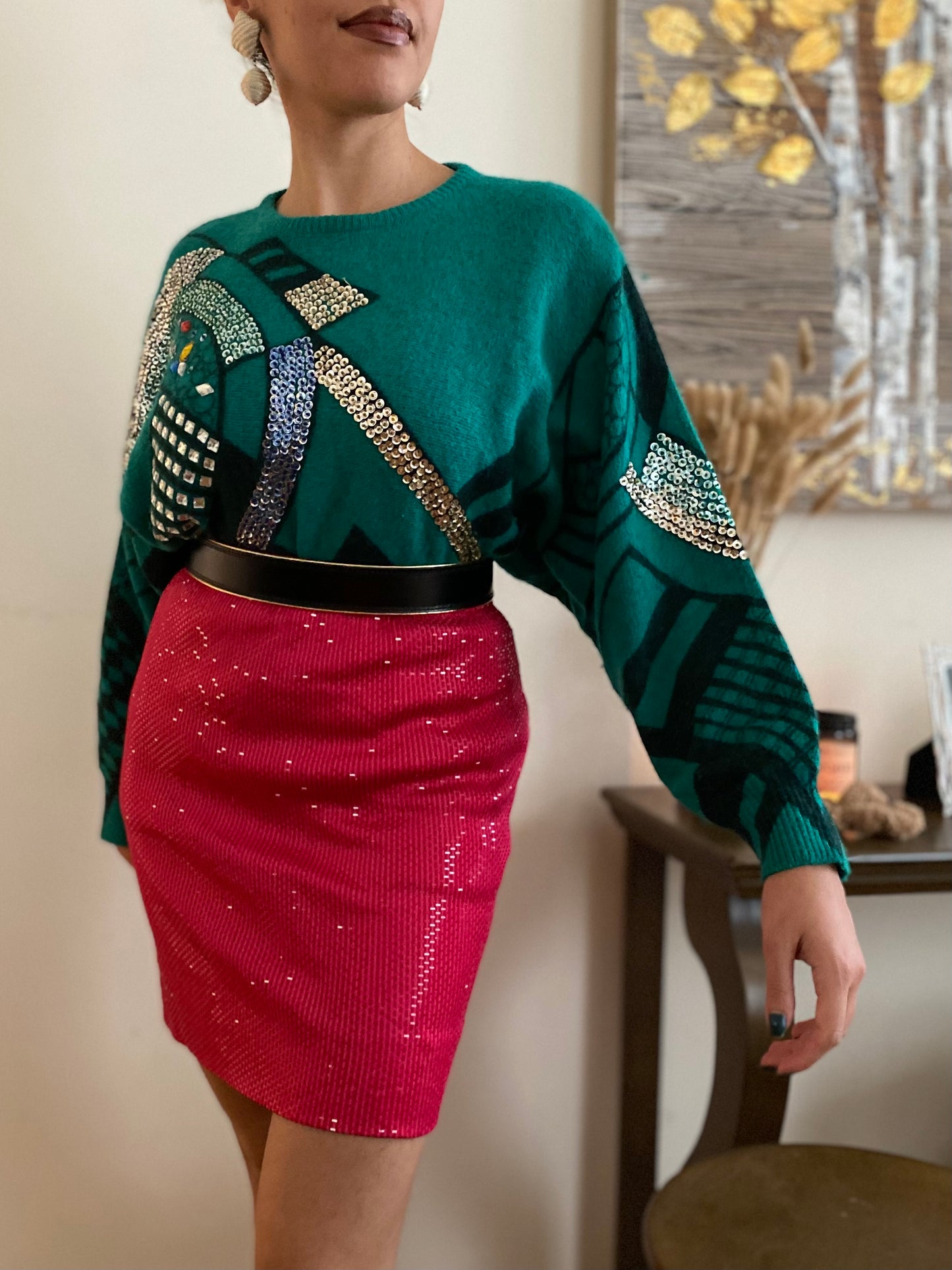 Abstract Geometric Embroidery Sequin & Bead Sparkle Sweater