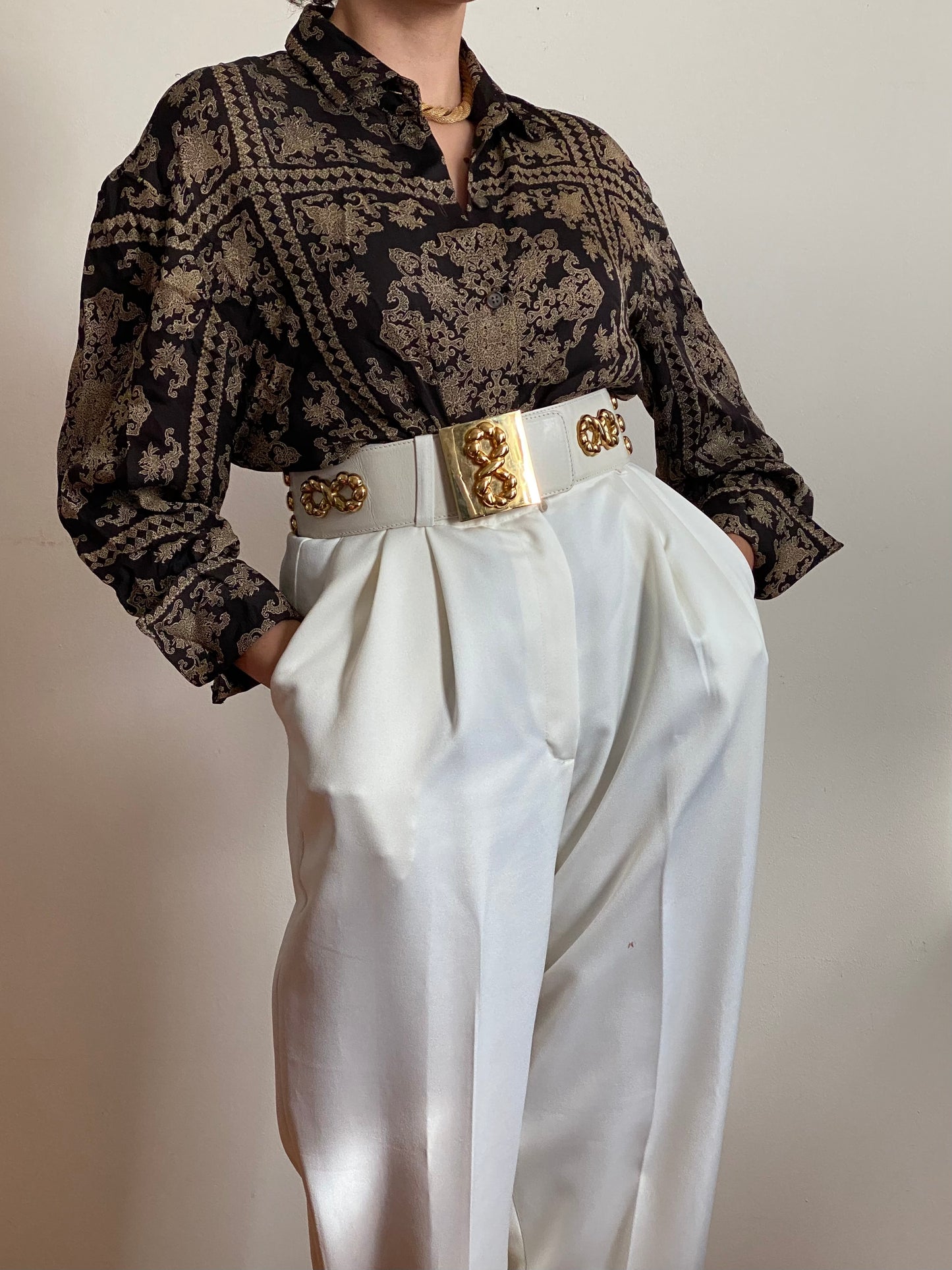 Y2K Silk Brown Abstract Long Sleeve Blouse (M)