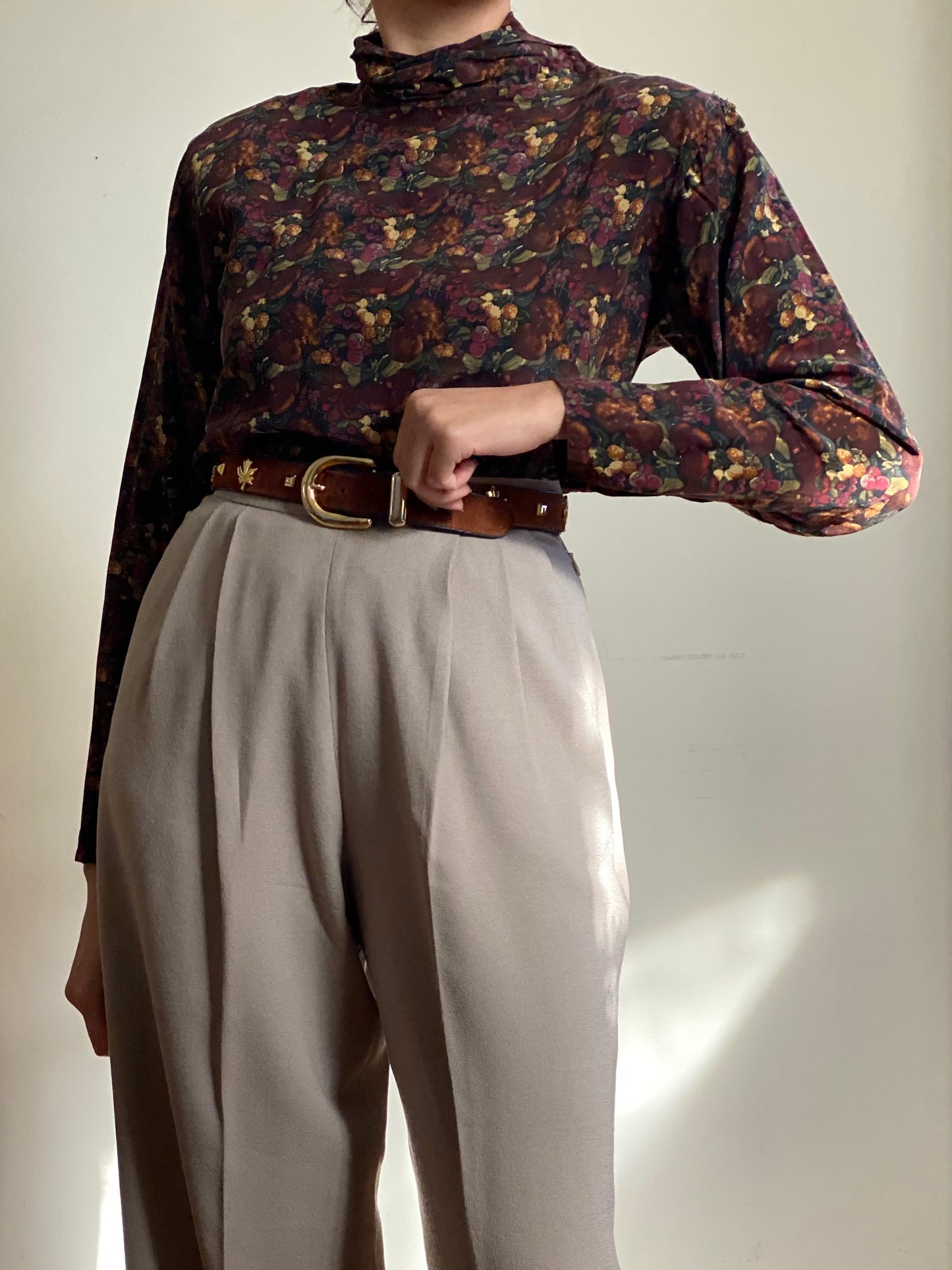 90s Fruit Print Mock Neck Long Sleeve Blouse (S)