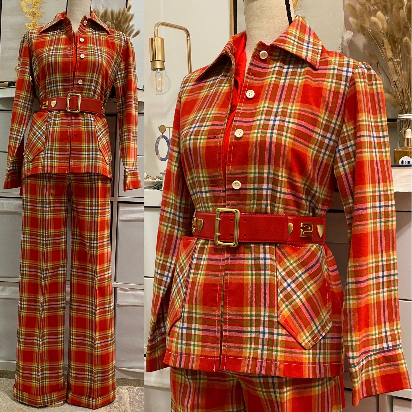 70's 2Pc Plaid Pantsuit W/ Pockets (S, 26"W)