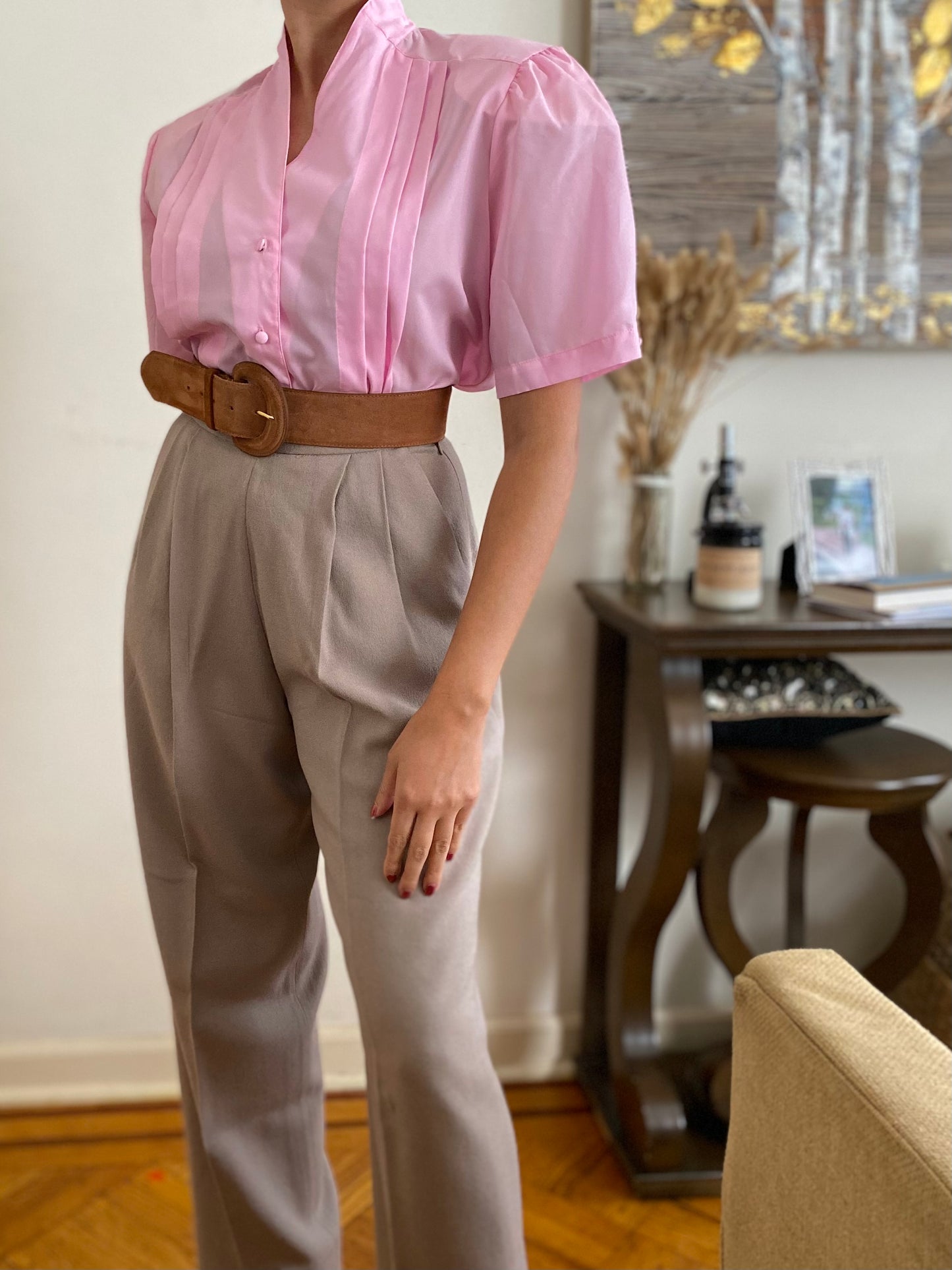 Pleated V-Neck Short Sleeve Blouse  (14)