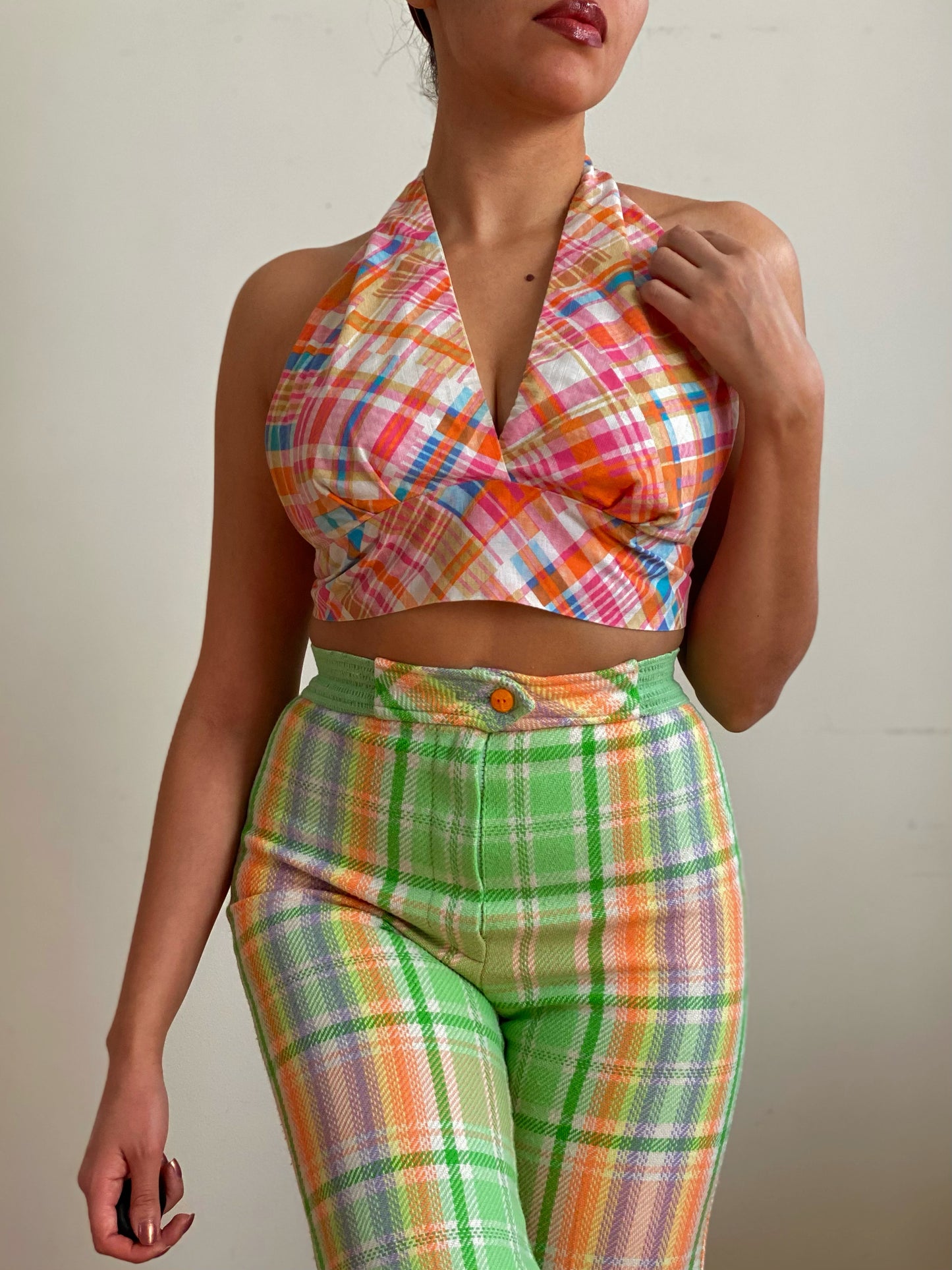70'S Madras Plaid Summer Cotton Halter Top (S-M)