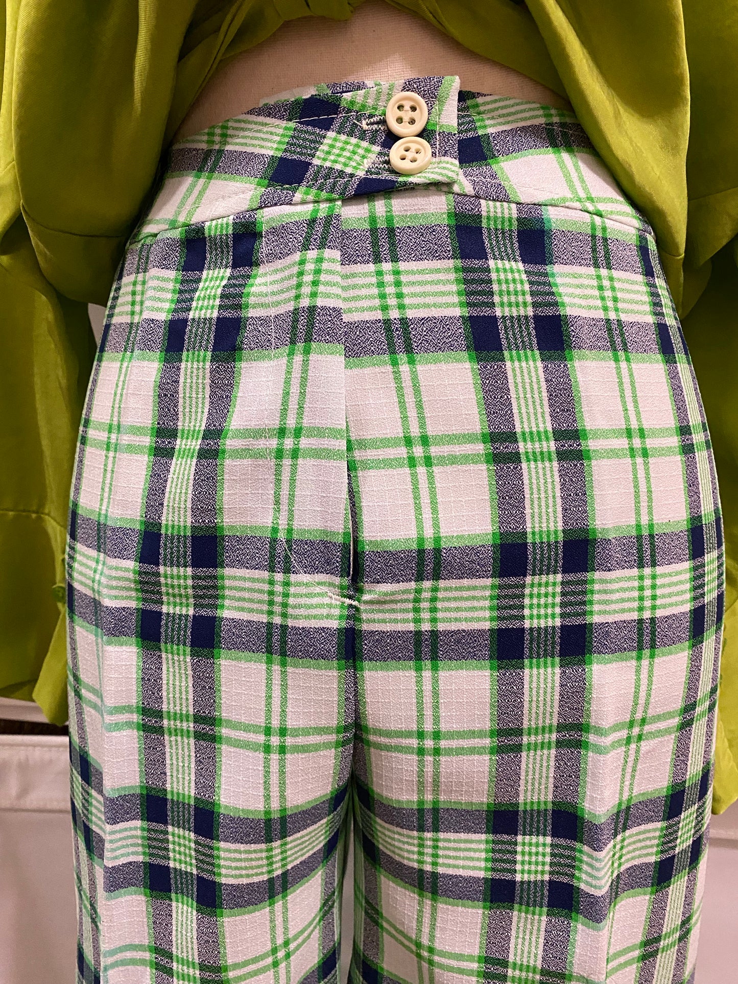 70's Neon Green Plaid Wide leg Bell bottoms (M-28” W)