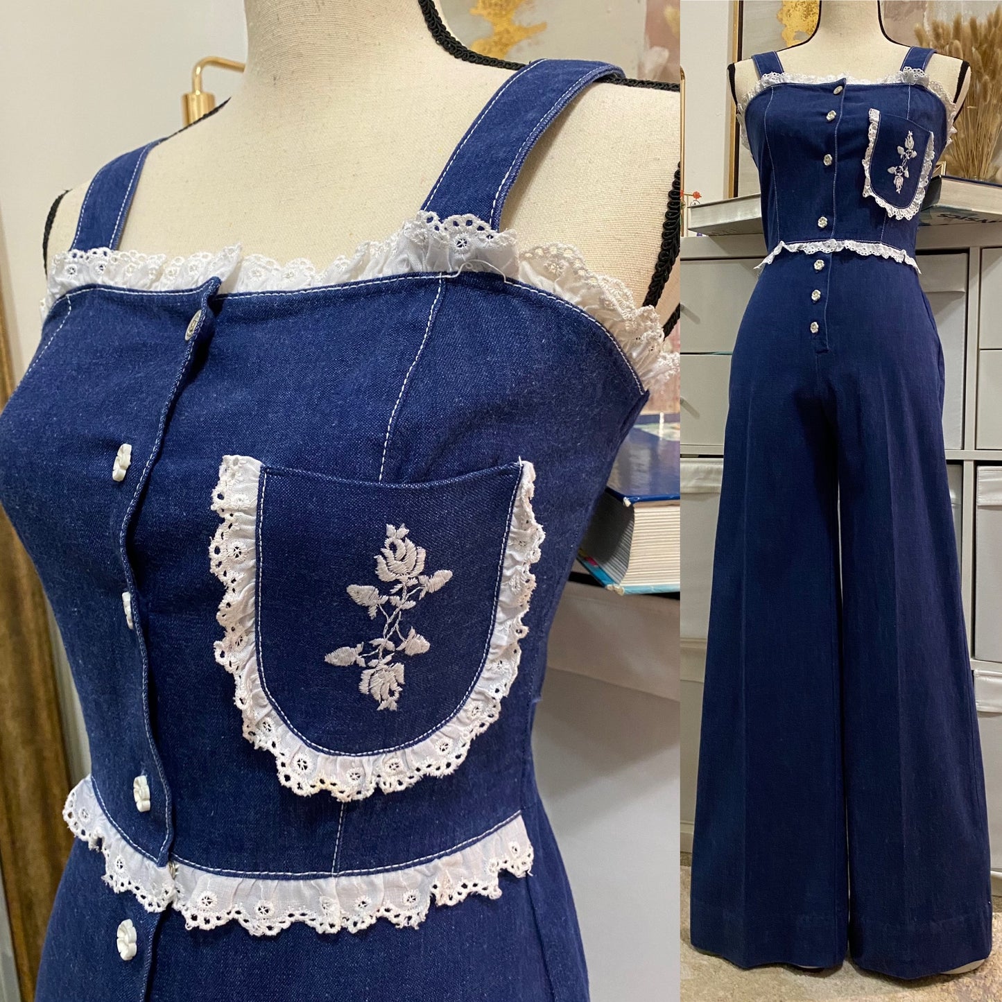 60s-70s Denim Eyelet Lace Trim Wide Leg Jumpsuit Overall (XXS-XS)