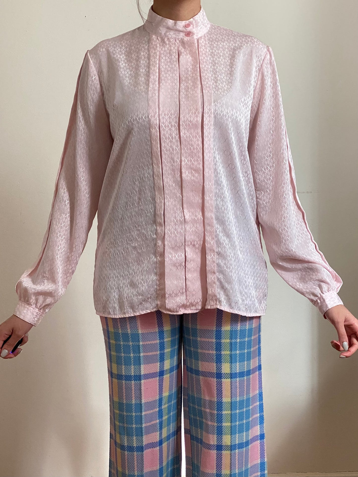 80's Pleated Front High Mock Neck Blouse (S)