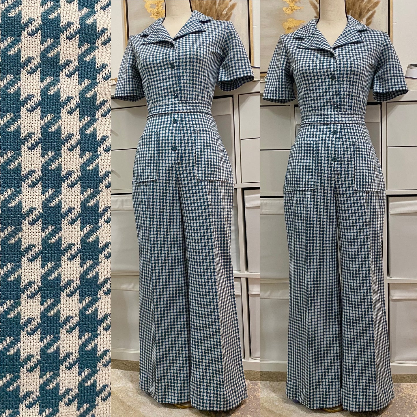 70's Teal Houndstooth Short Sleeve Bell Bottom Jumpsuit (M-L)