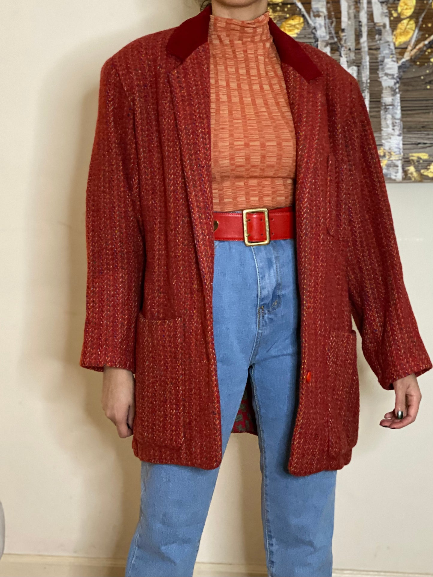 90's Velvet Neck Oversized Jacket (S)