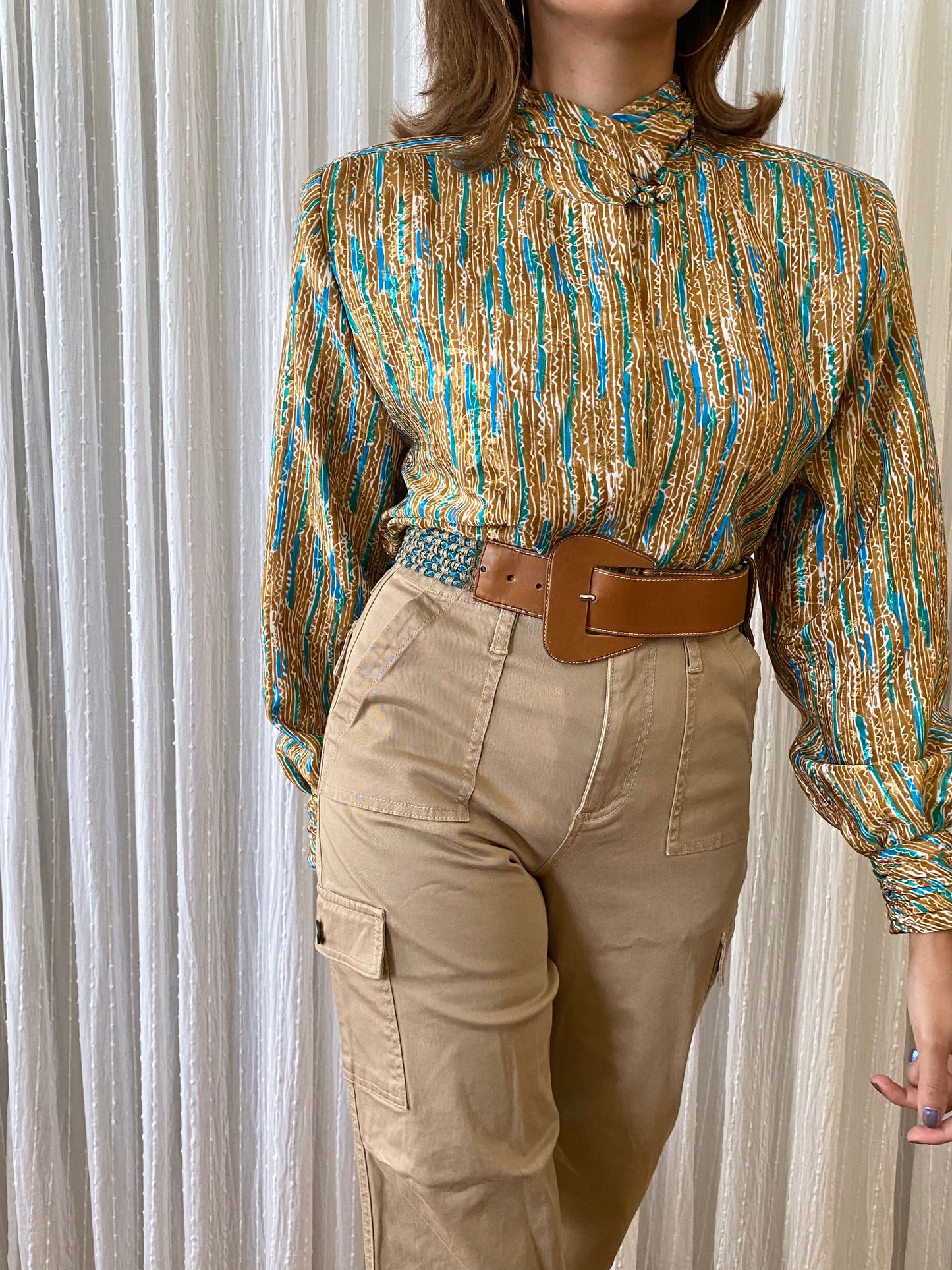 Abstract Long Sleeve Top with high mock neck