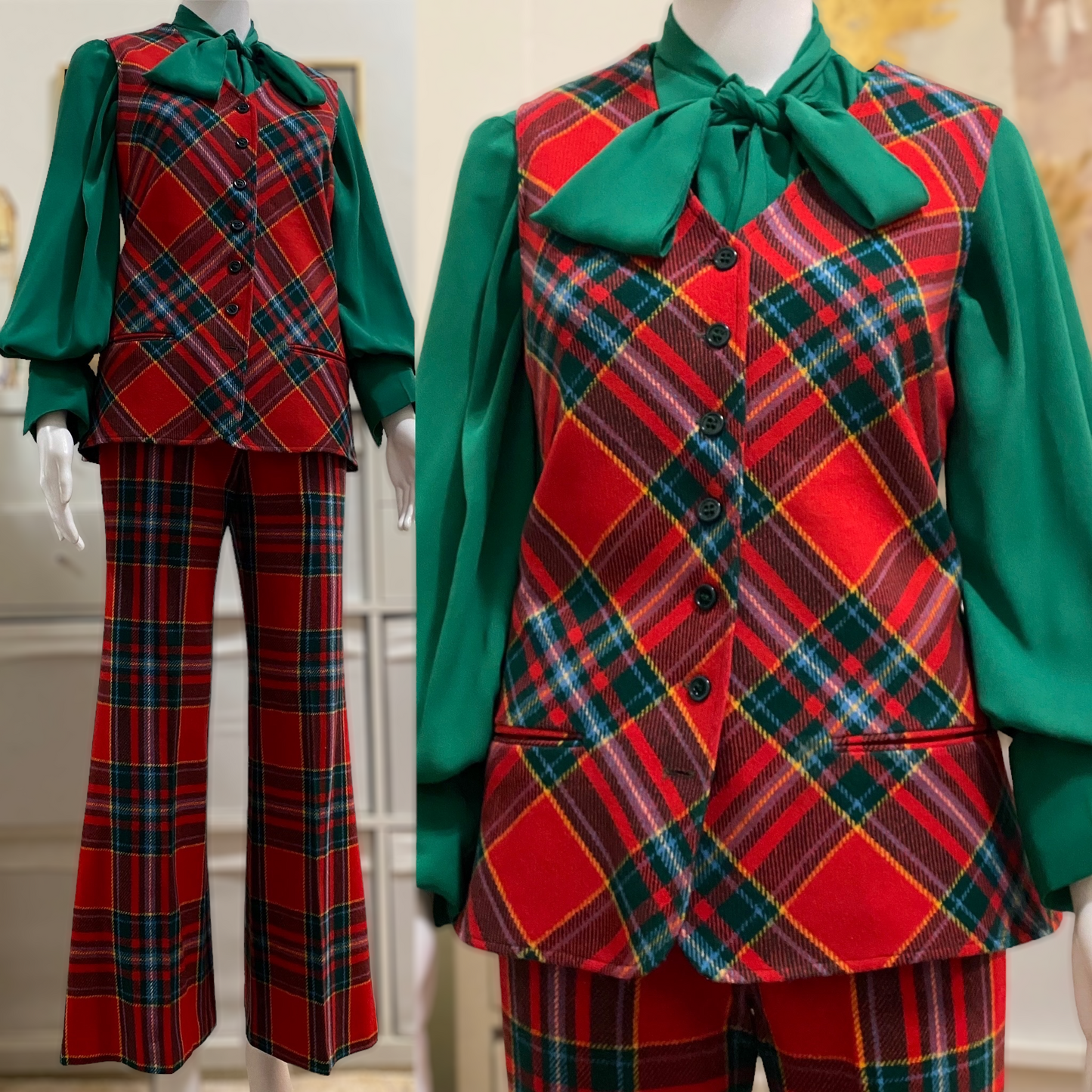 60's-70's Winter Plaid 2Pc Vest Pantsuit (S-M, 28"W)