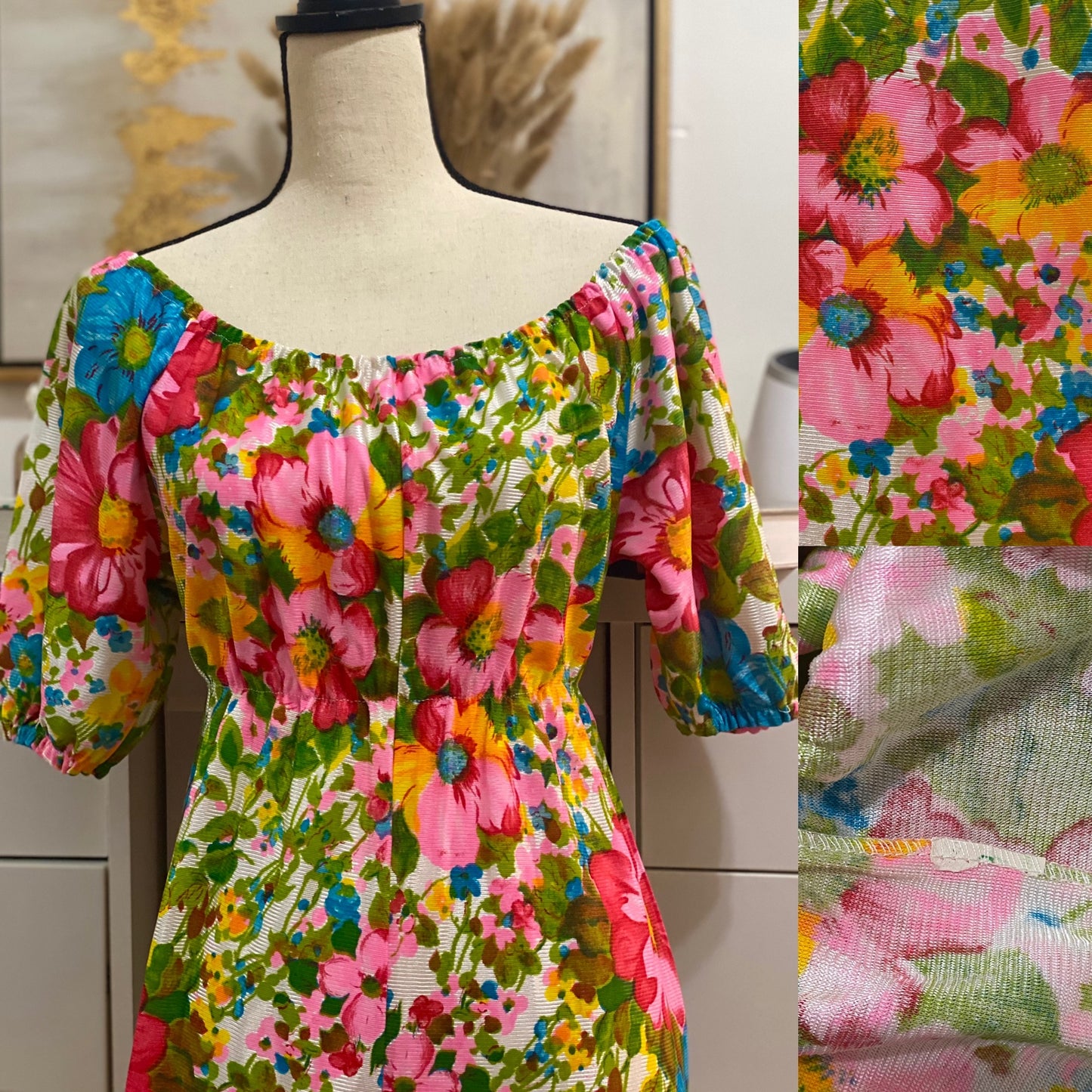 60’s-70’s Off the Shoulder Floral Wide Leg Jumpsuit (S-L)